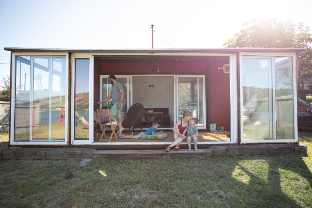 shipping container homeowners at home in a shipping container