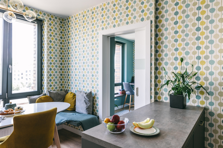 Scandinavian interior design. White grey yellow green color kitchen room organization