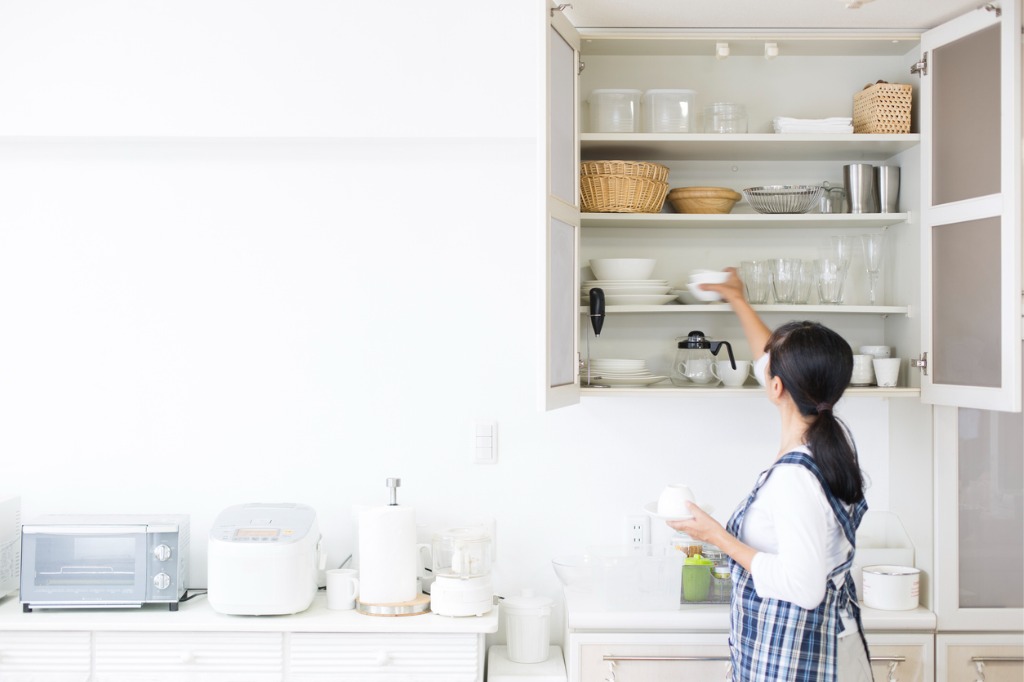 Kitchen cabinets with extra shelving.