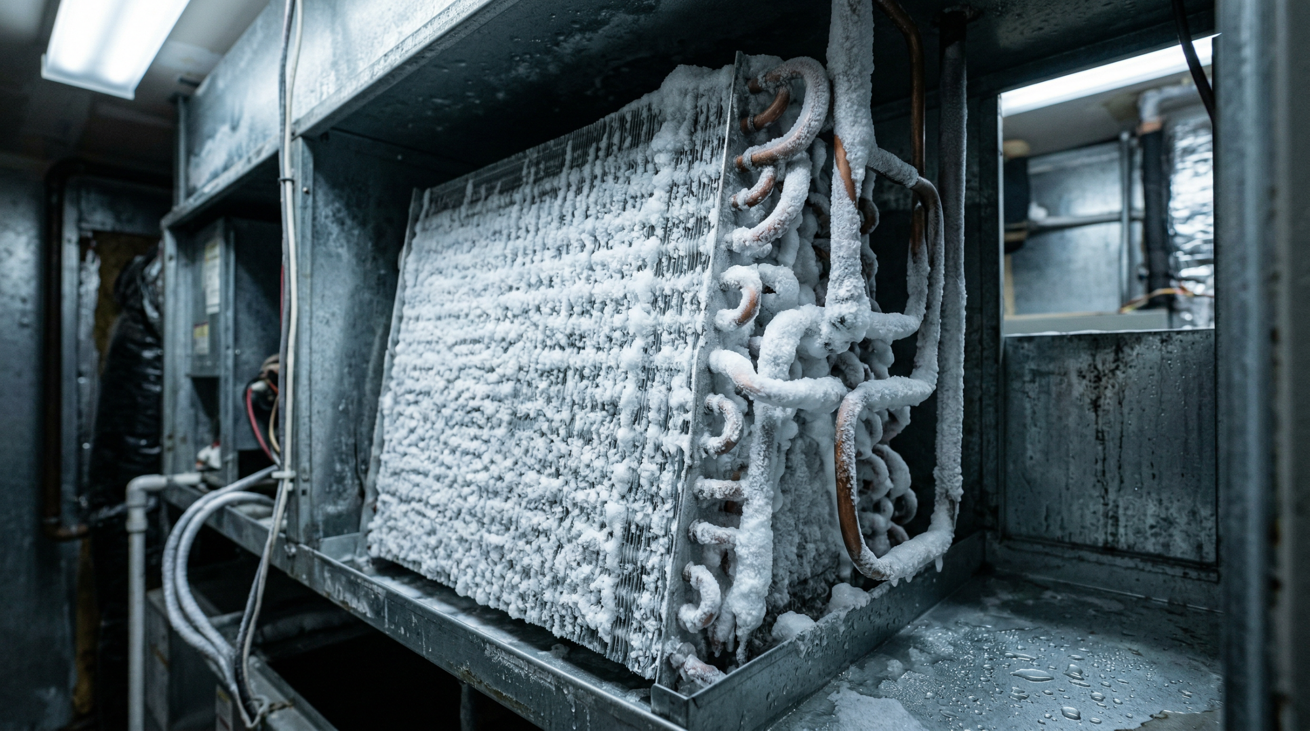 Frozen evaporator coils covered in ice inside an air conditioner unit