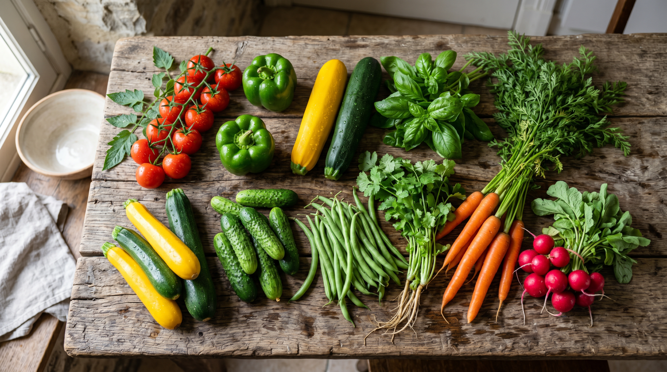 Overhead view of freshly harvested April vegetables and herbs on a rustic wooden table