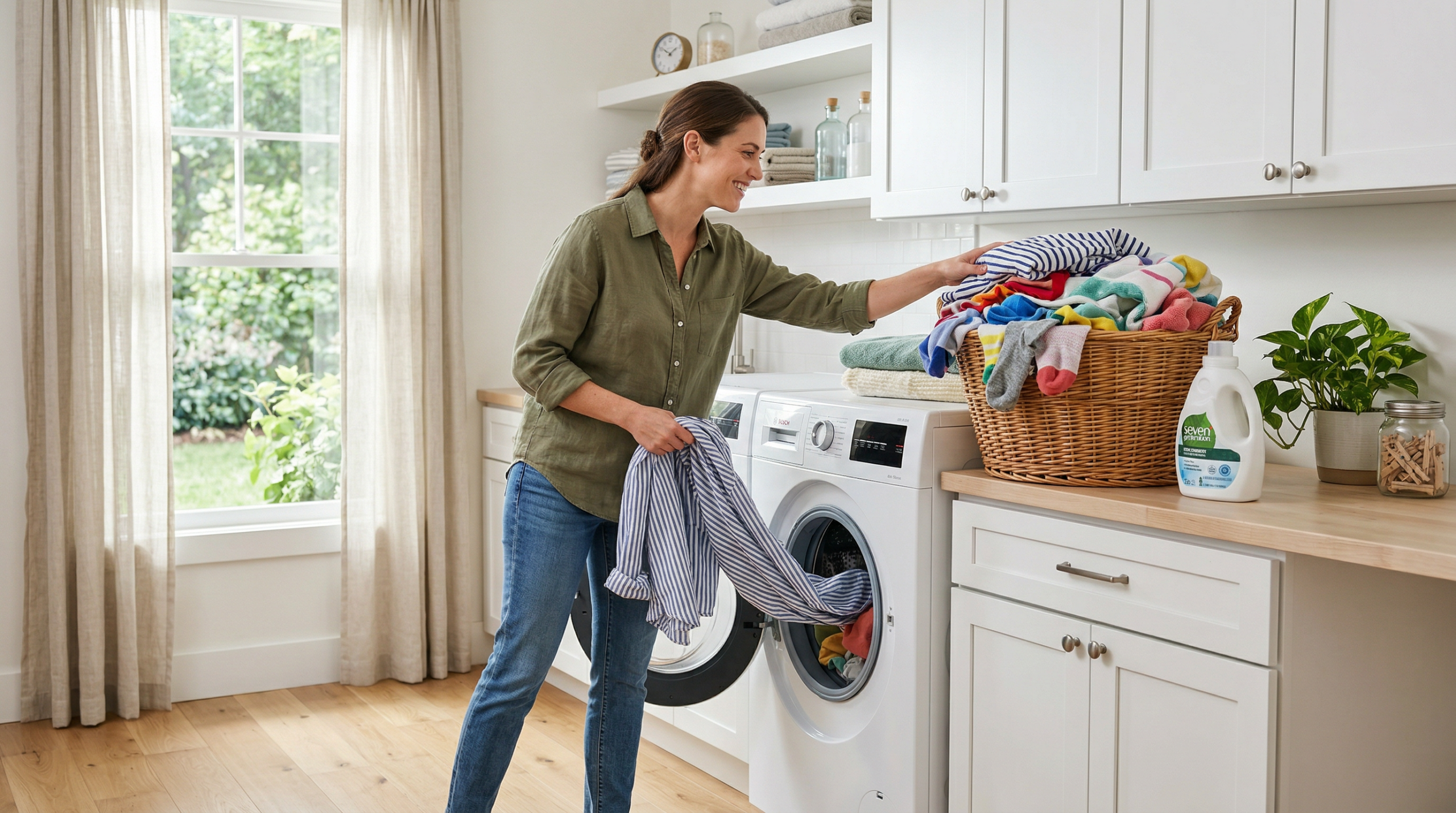 Person loading laundry into a Samsung front load washer
