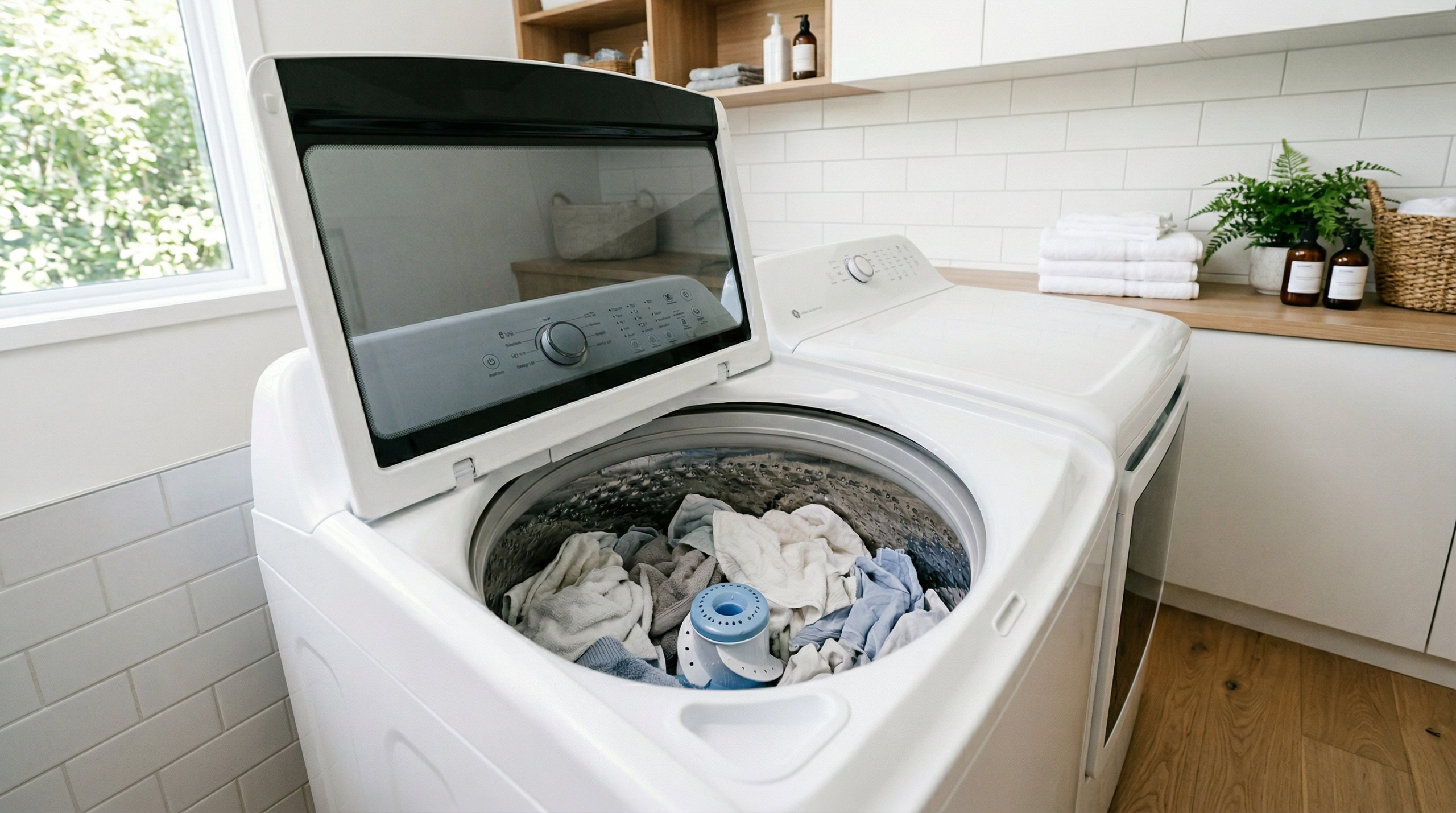 Samsung top load washer open with laundry in bright laundry room