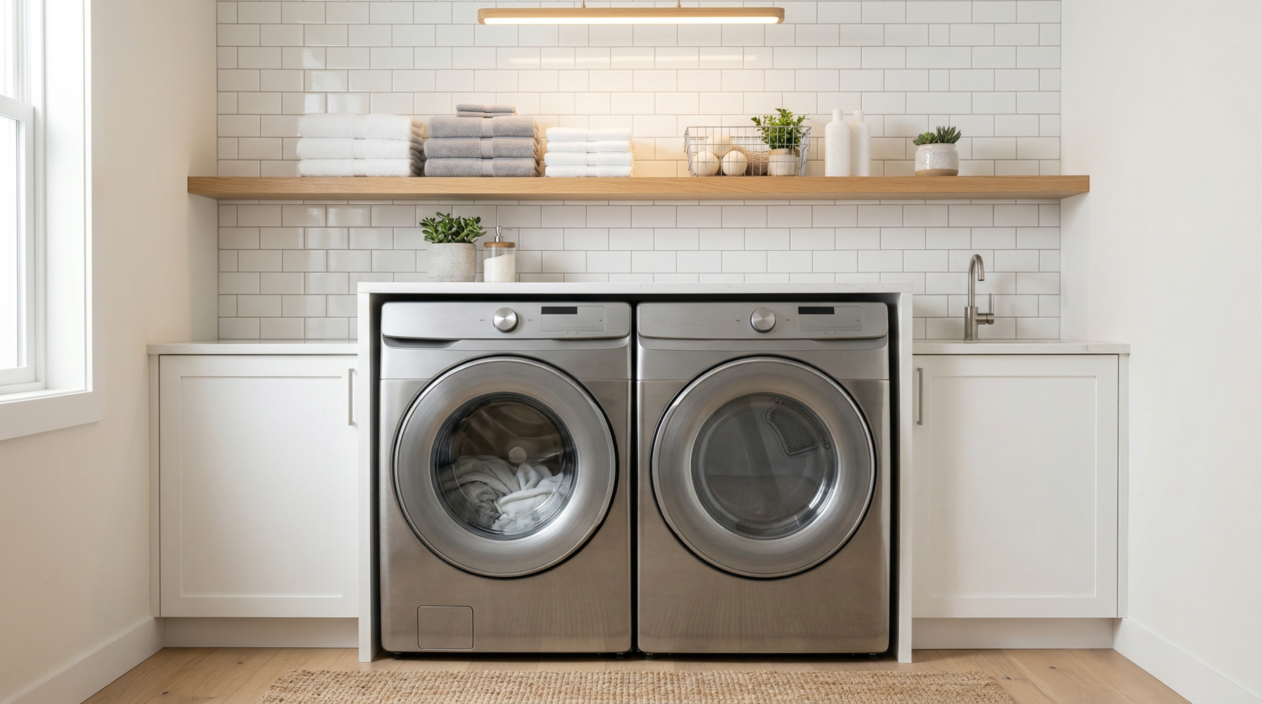 Samsung Bespoke front-load washer and dryer pair in a modern laundry room