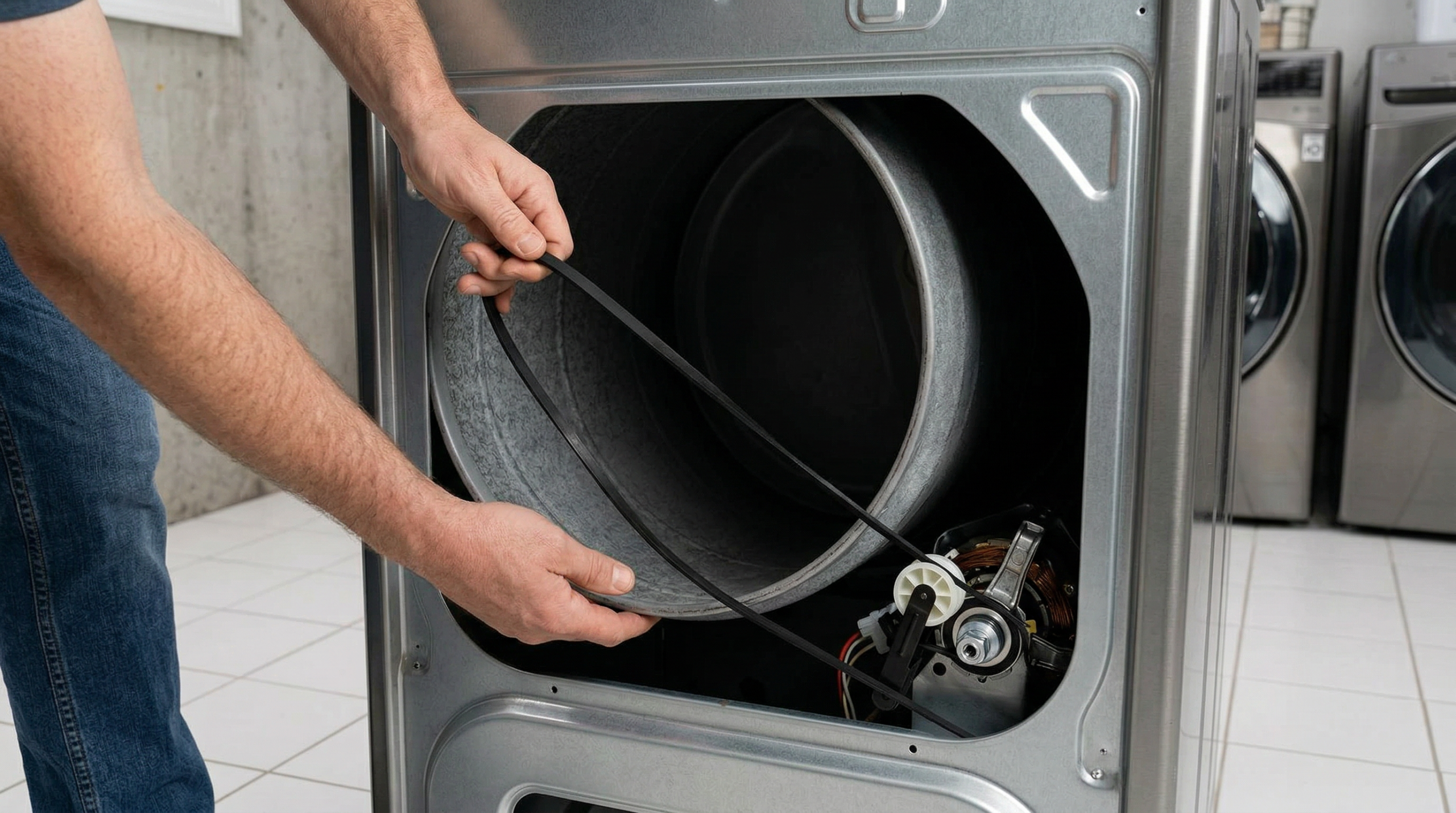 dryer belt and drum assembly showing belt routing for replacement