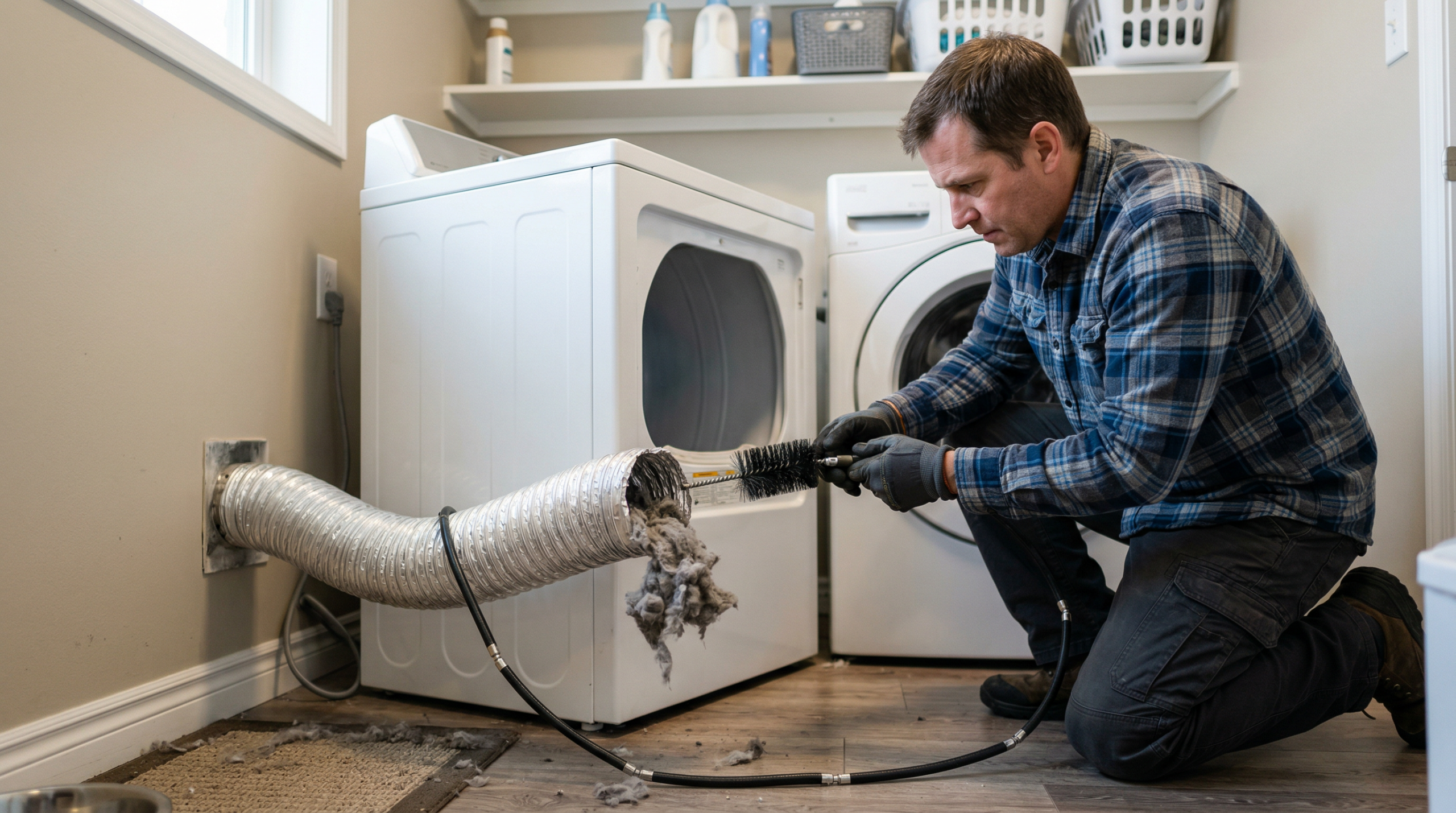 cleaning dryer vent hose with rotary brush to prevent fires