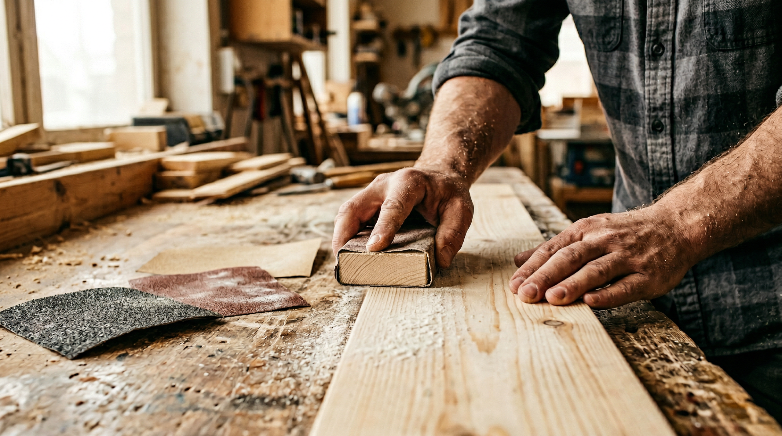 Hand sanding wood using sandpaper grit chart progression from 80 to 220