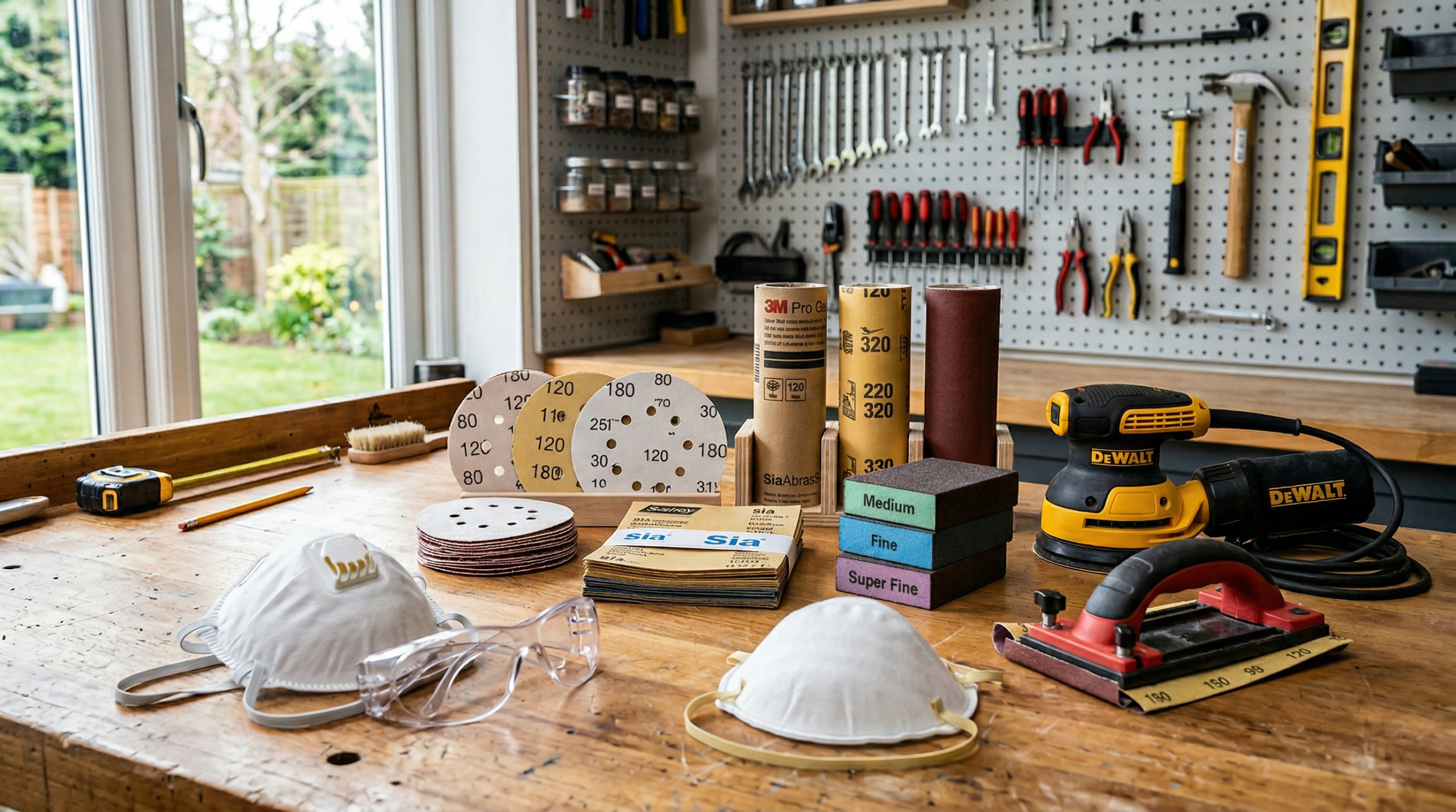 Sandpaper grit chart reference workspace with types organized by grit size and safety gear
