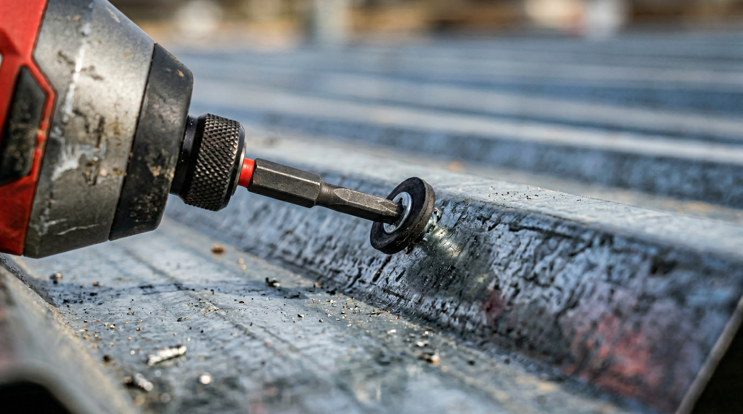 Close-up of a drill driving a neoprene washer screw into a corrugated metal panel during installation