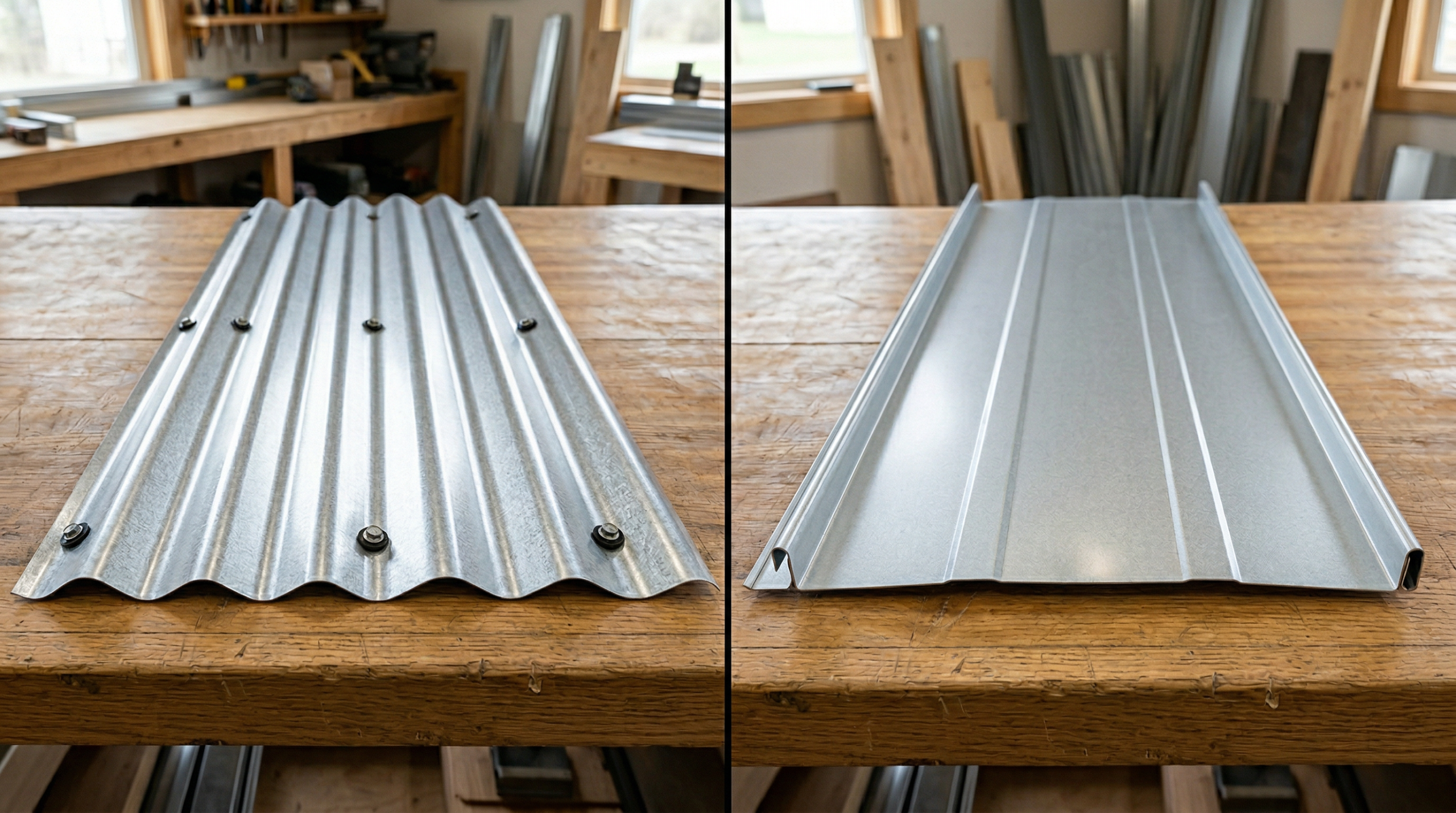 Side-by-side comparison of corrugated metal roofing panels versus standing seam metal roof panel profiles
