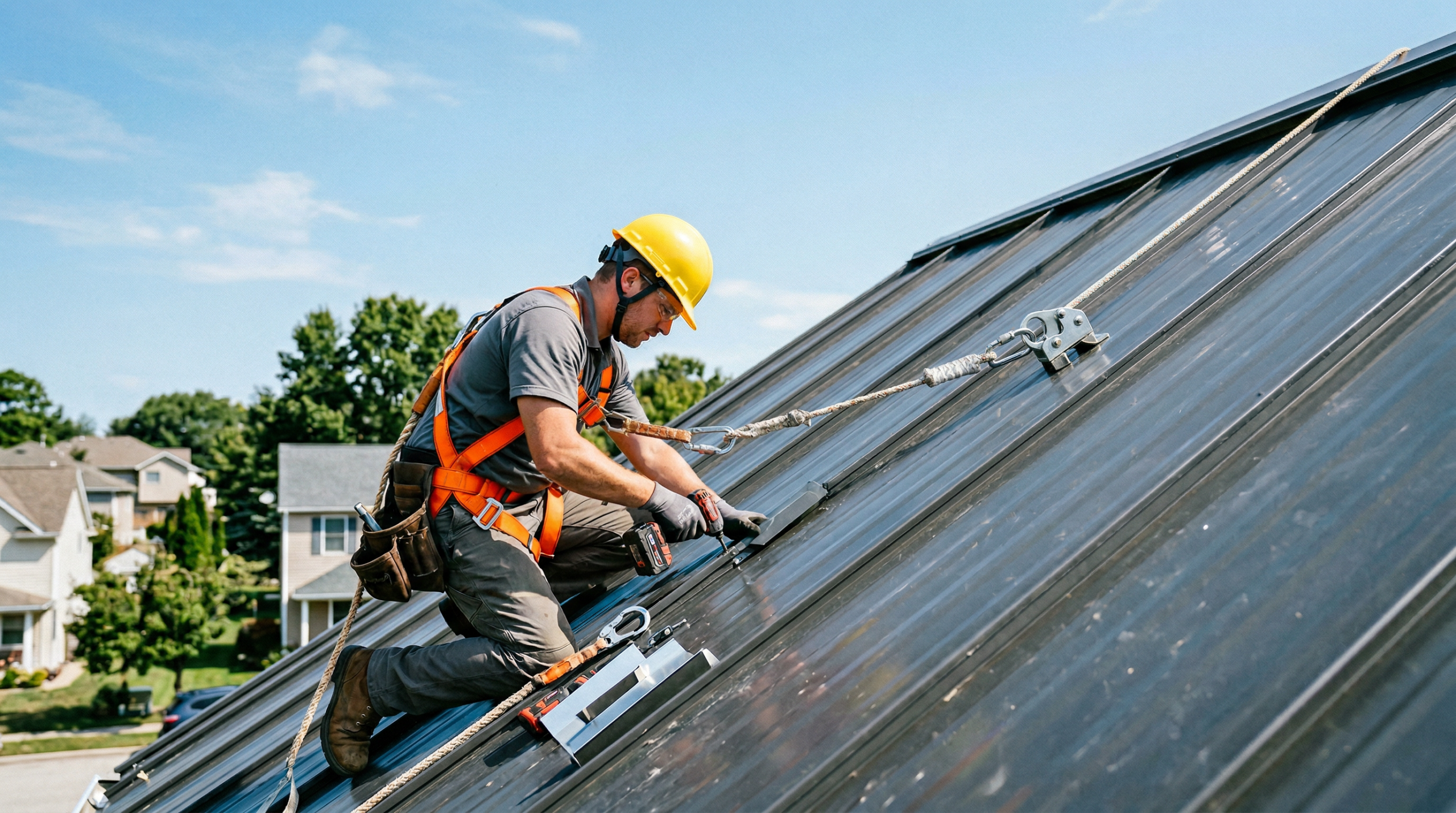 Roofer in full fall arrest harness working safely on a steep metal roof