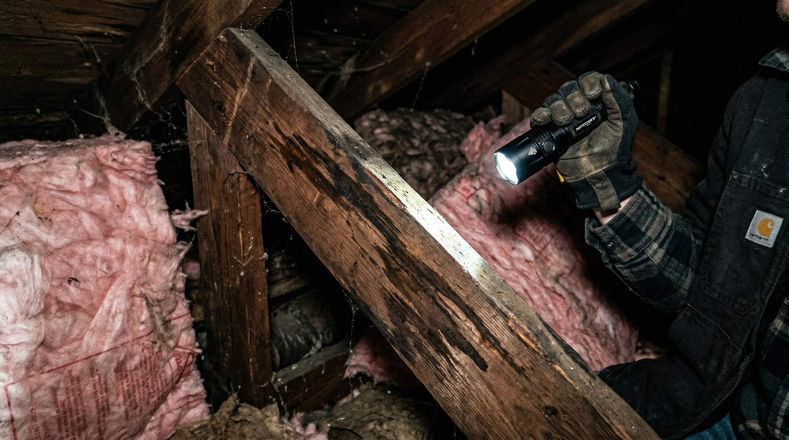 Roof leak detection in attic using flashlight to trace water stain on rafter
