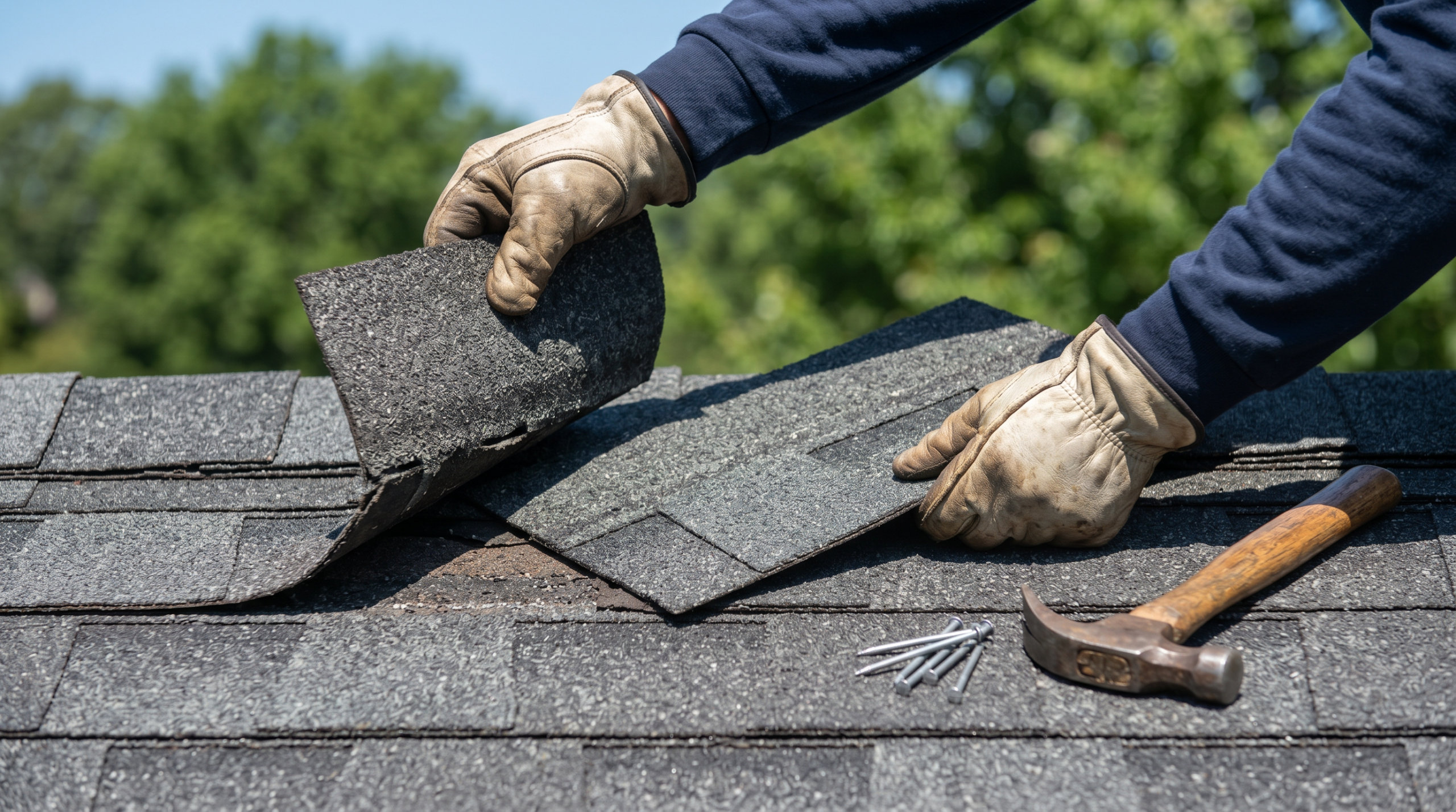 DIY roof leak repair replacing a damaged asphalt shingle with roofing nails