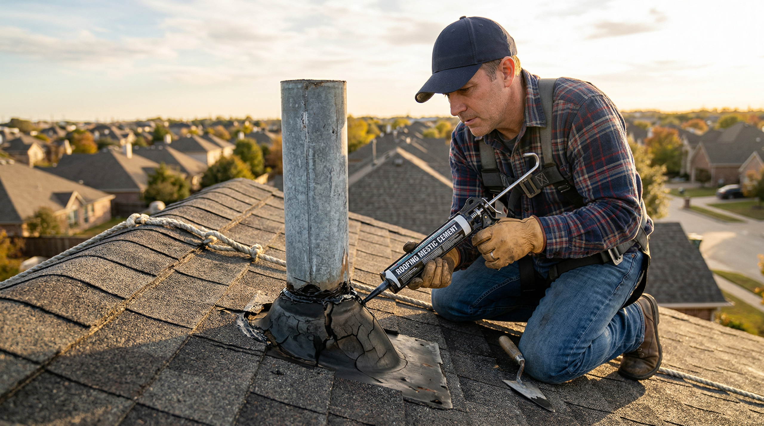 Roof flashing repair applying roofing cement around a cracked pipe boot vent