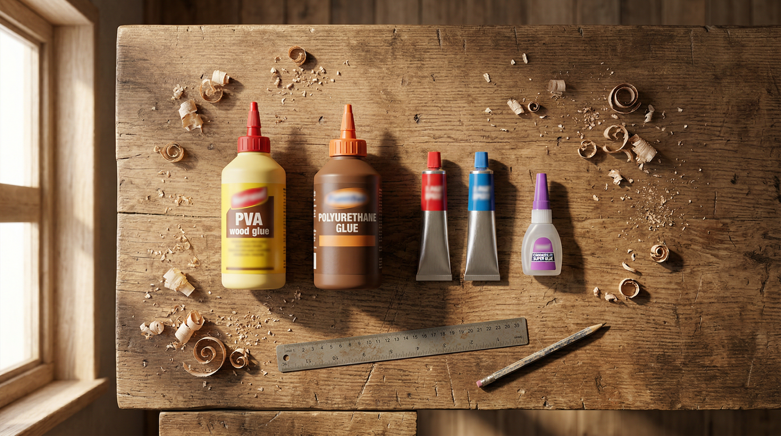 Types of wood glue compared - PVA, polyurethane, and epoxy bottles on a workbench