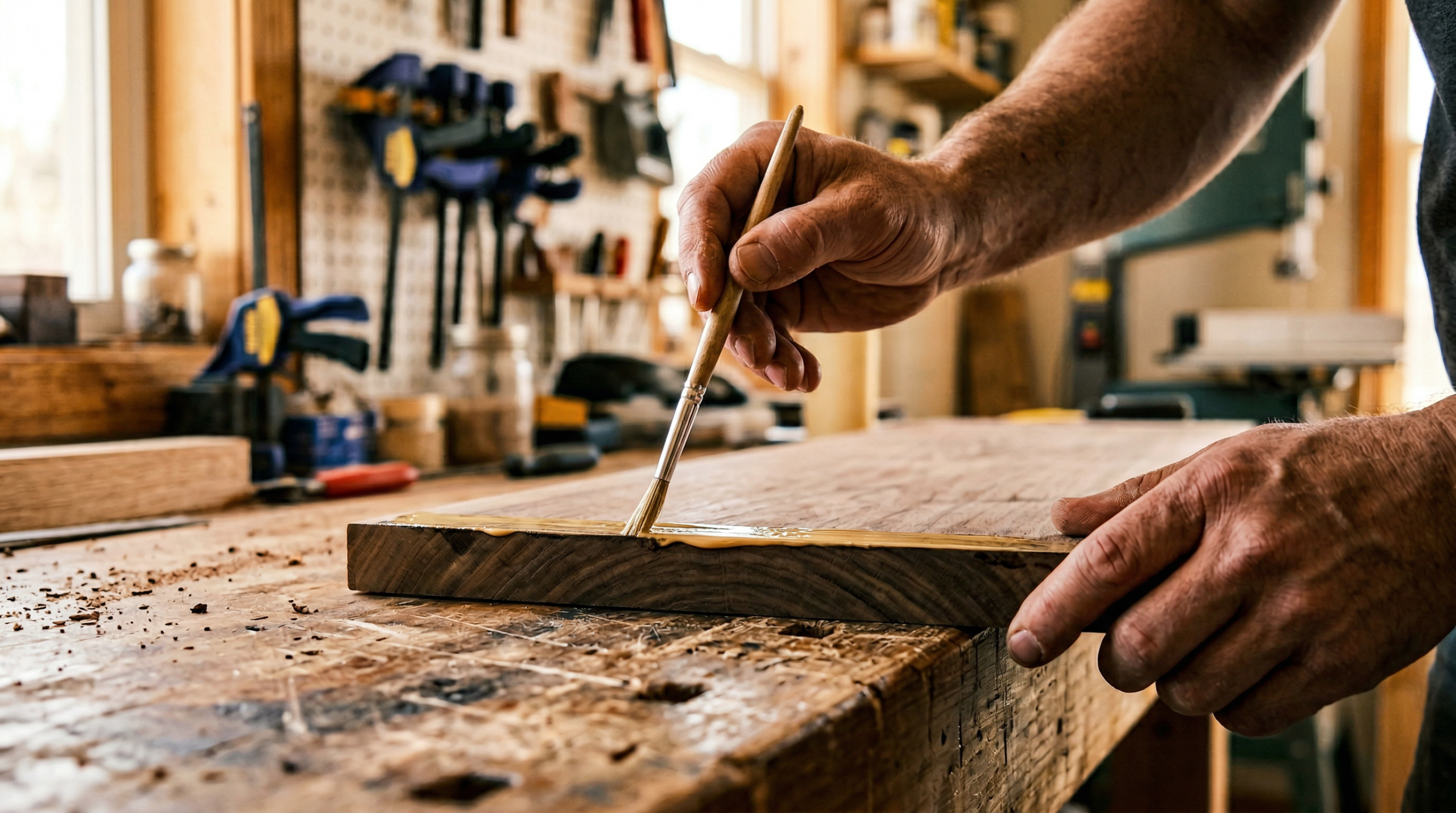 Applying best wood glue to edge grain with a brush for even coverage before clamping