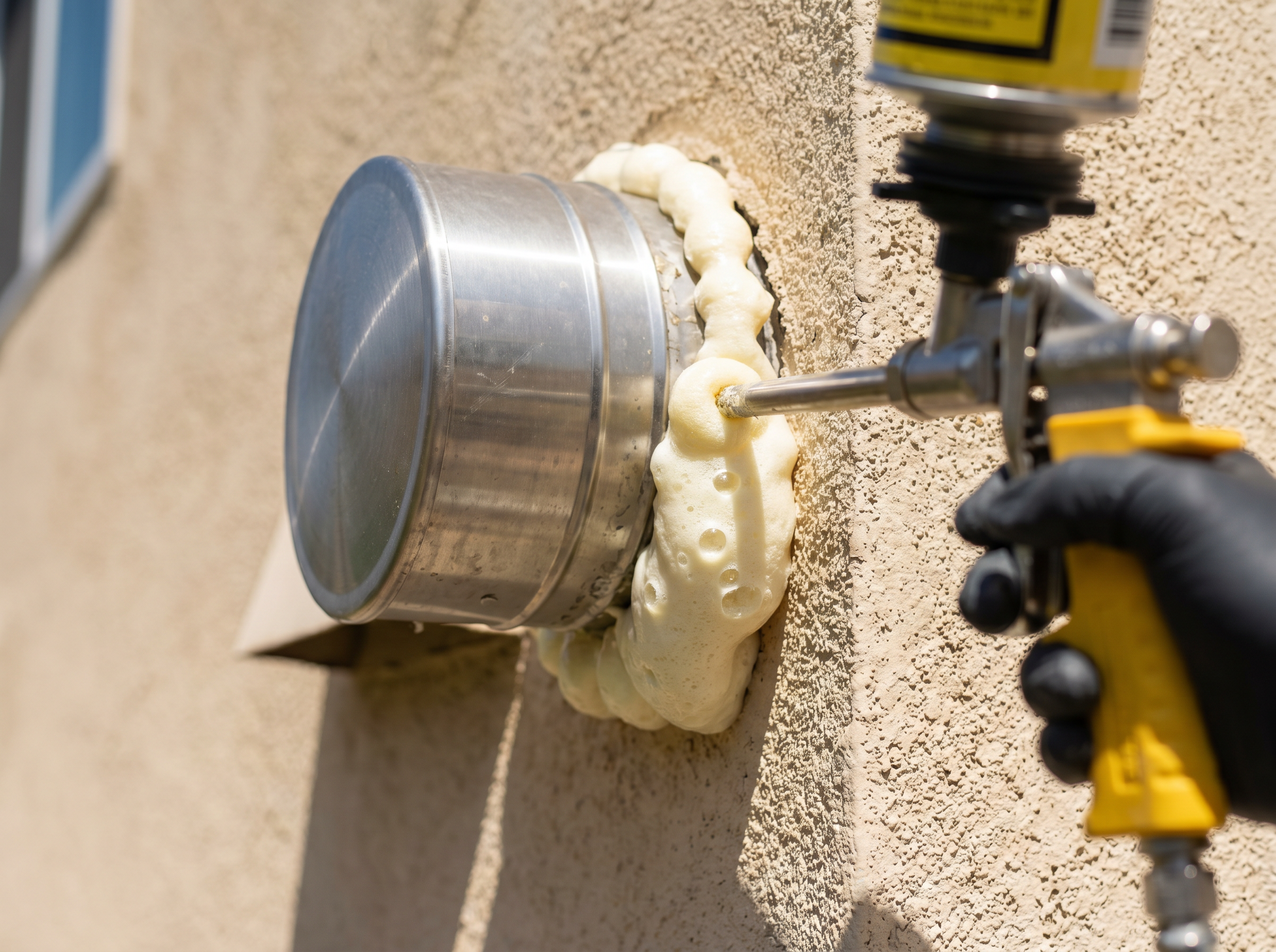 Hand using a yellow professional foam gun to seal the gap around an exterior dryer vent on a stucco wall
