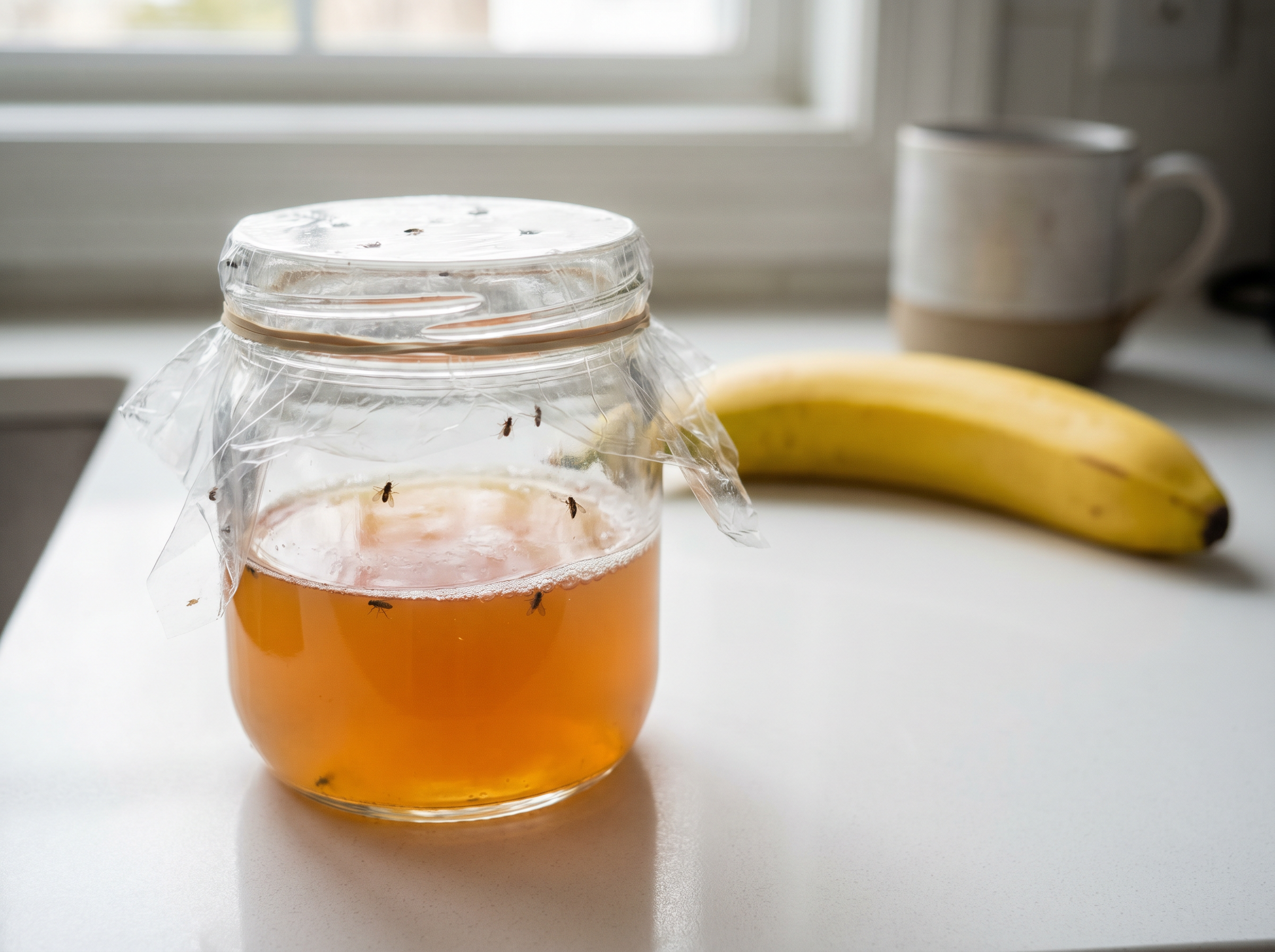 Homemade fruit fly trap made from a glass jar of apple cider vinegar covered in plastic wrap with pinholes on a kitchen counter