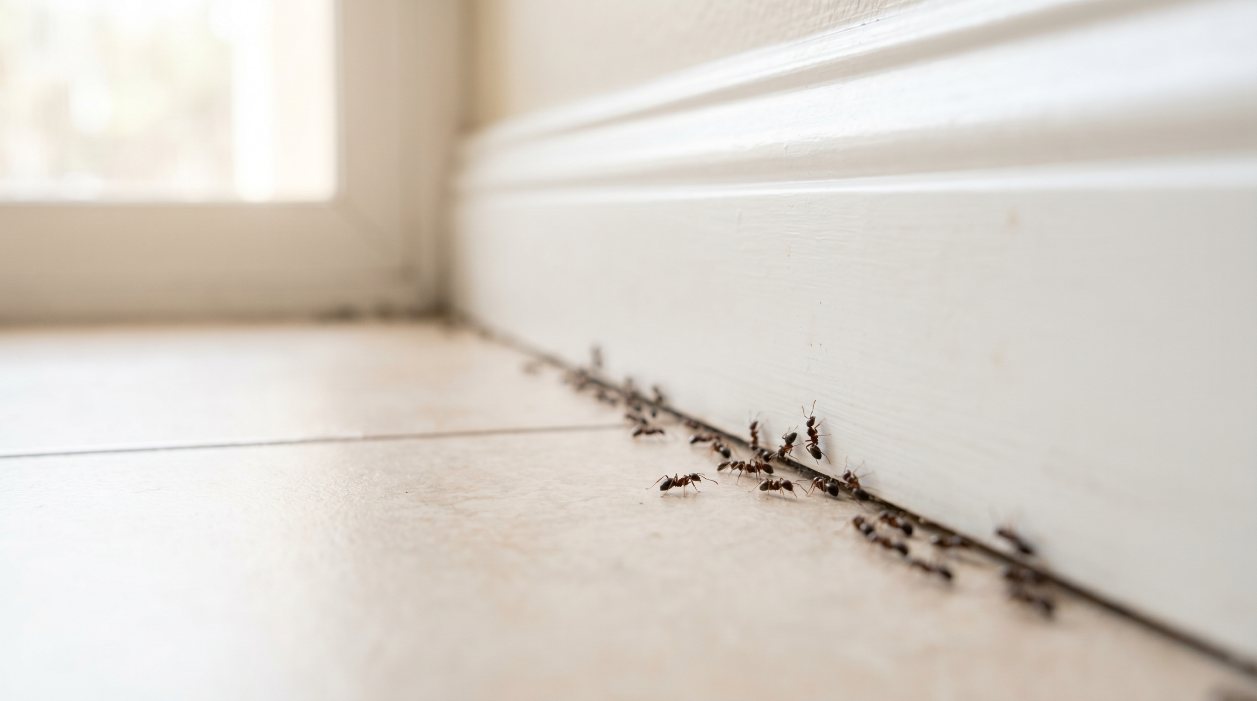 Trail of Argentine ants marching along a white kitchen baseboard with morning daylight from the window