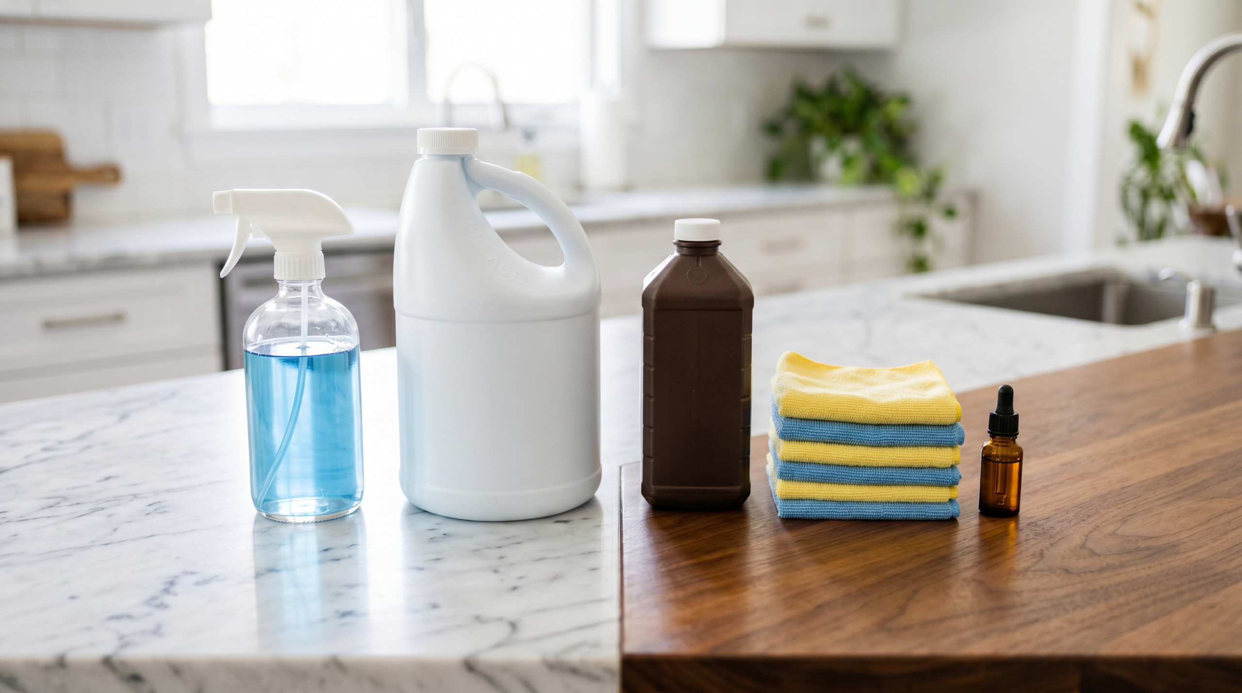 Household cleaning supplies arranged on a split marble and walnut wood kitchen counter showing blue glass cleaner bleach hydrogen peroxide microfiber cloths and essential oil