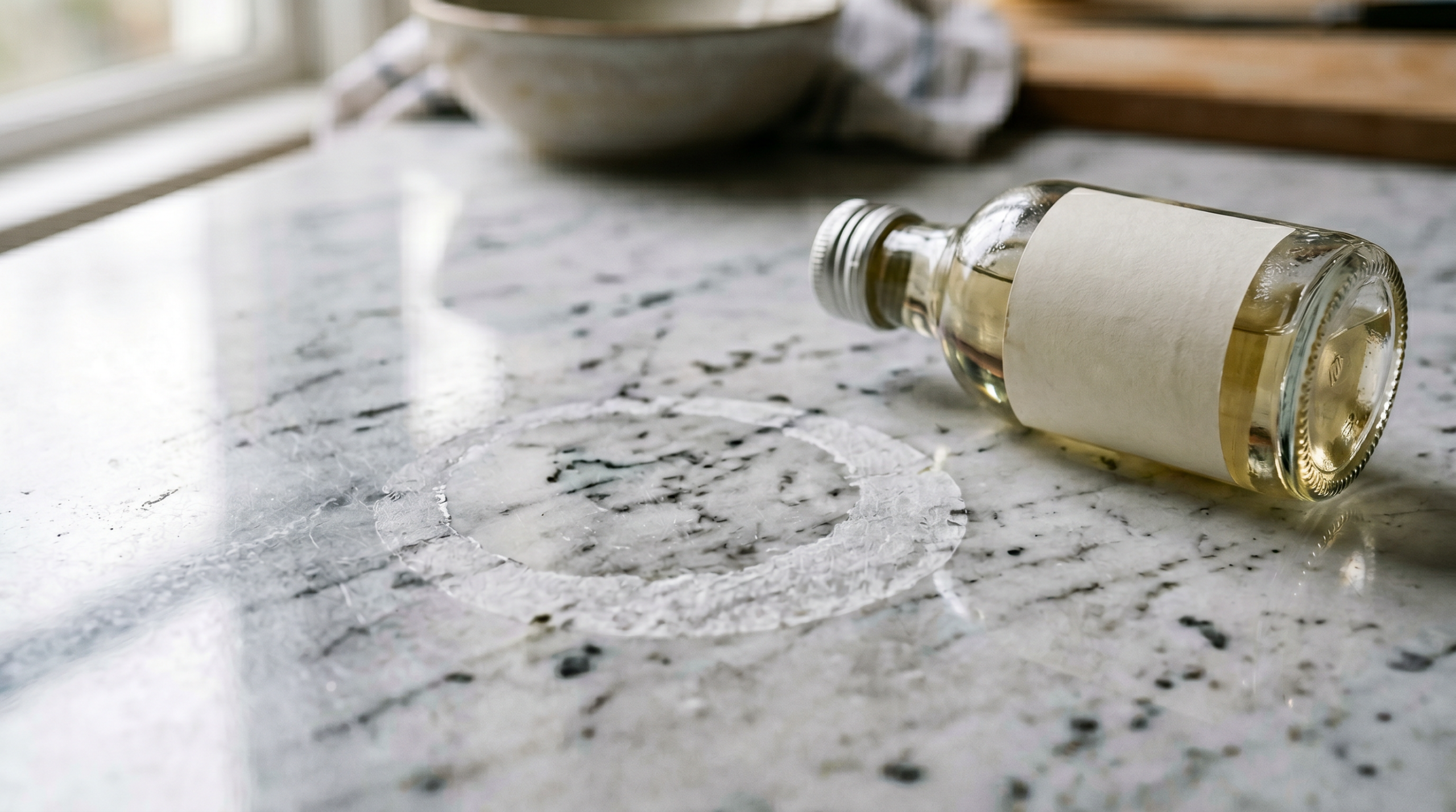 Close up of a dull etched ring on polished white Carrara marble counter next to a tipped bottle of white vinegar showing acid damage to natural stone