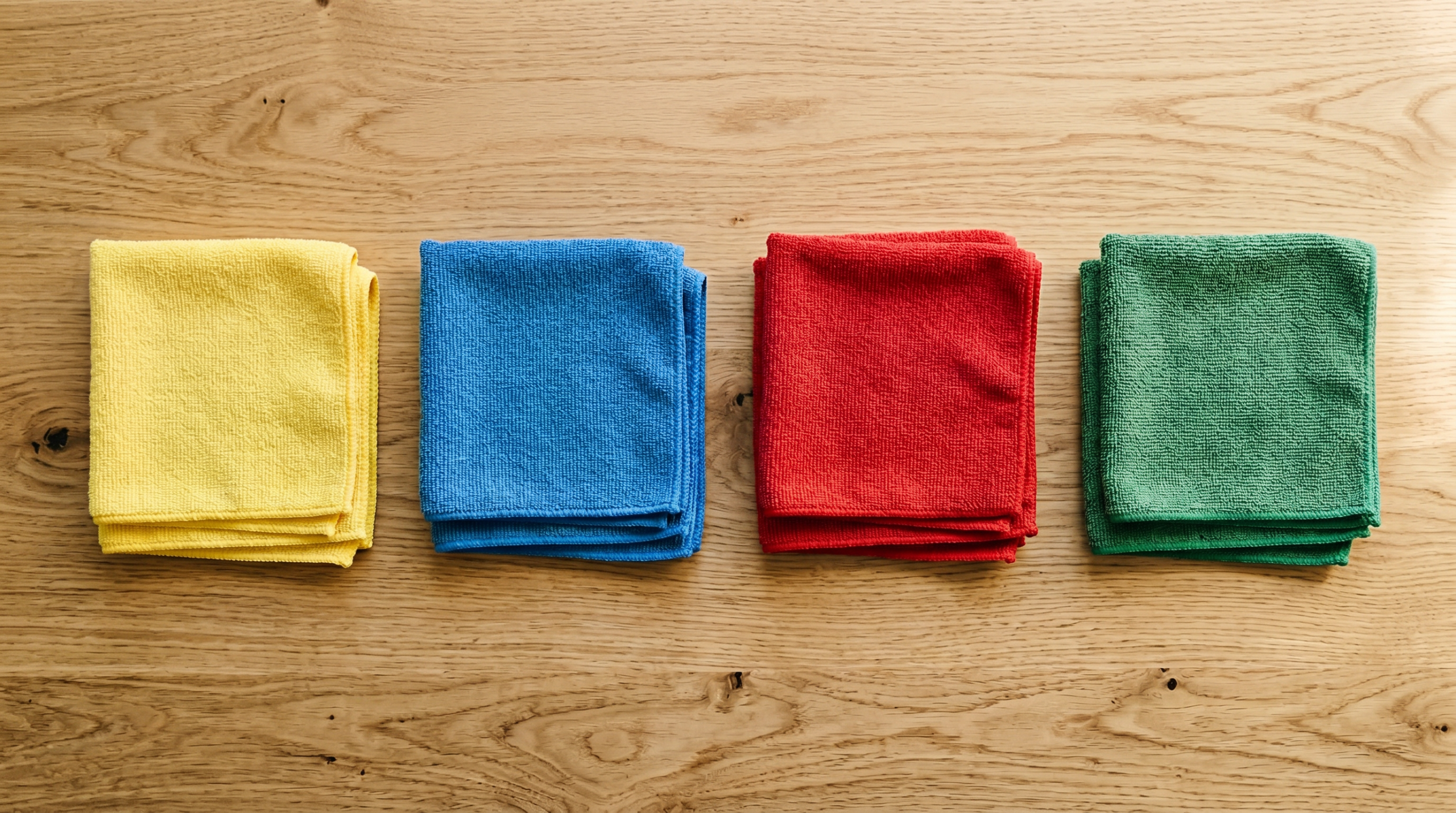 Four stacks of color coded microfiber cleaning cloths in yellow blue red and green arranged on a light oak wood surface