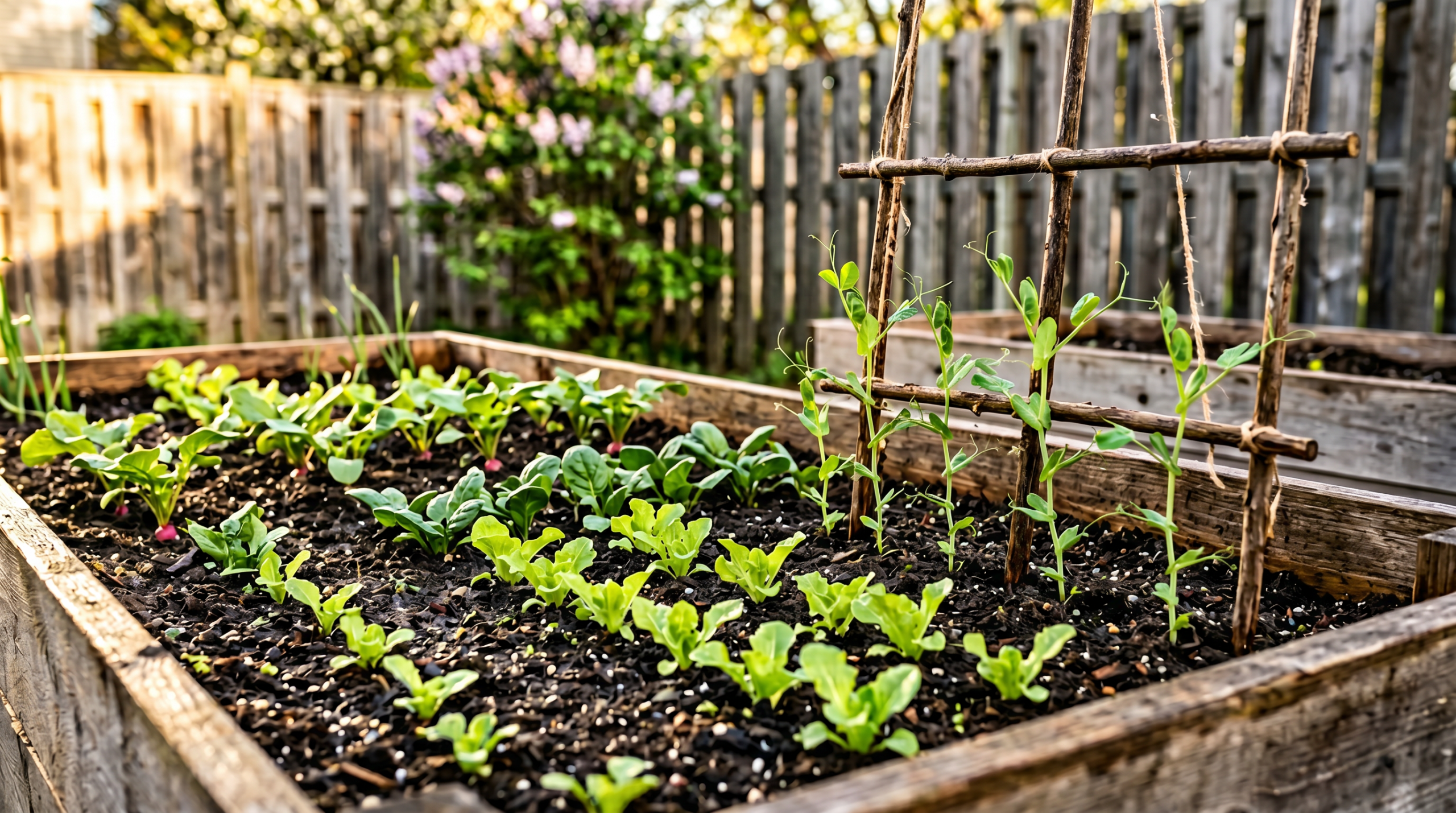 Raised bed with cool-season vegetables to plant in April including lettuce spinach and snap peas