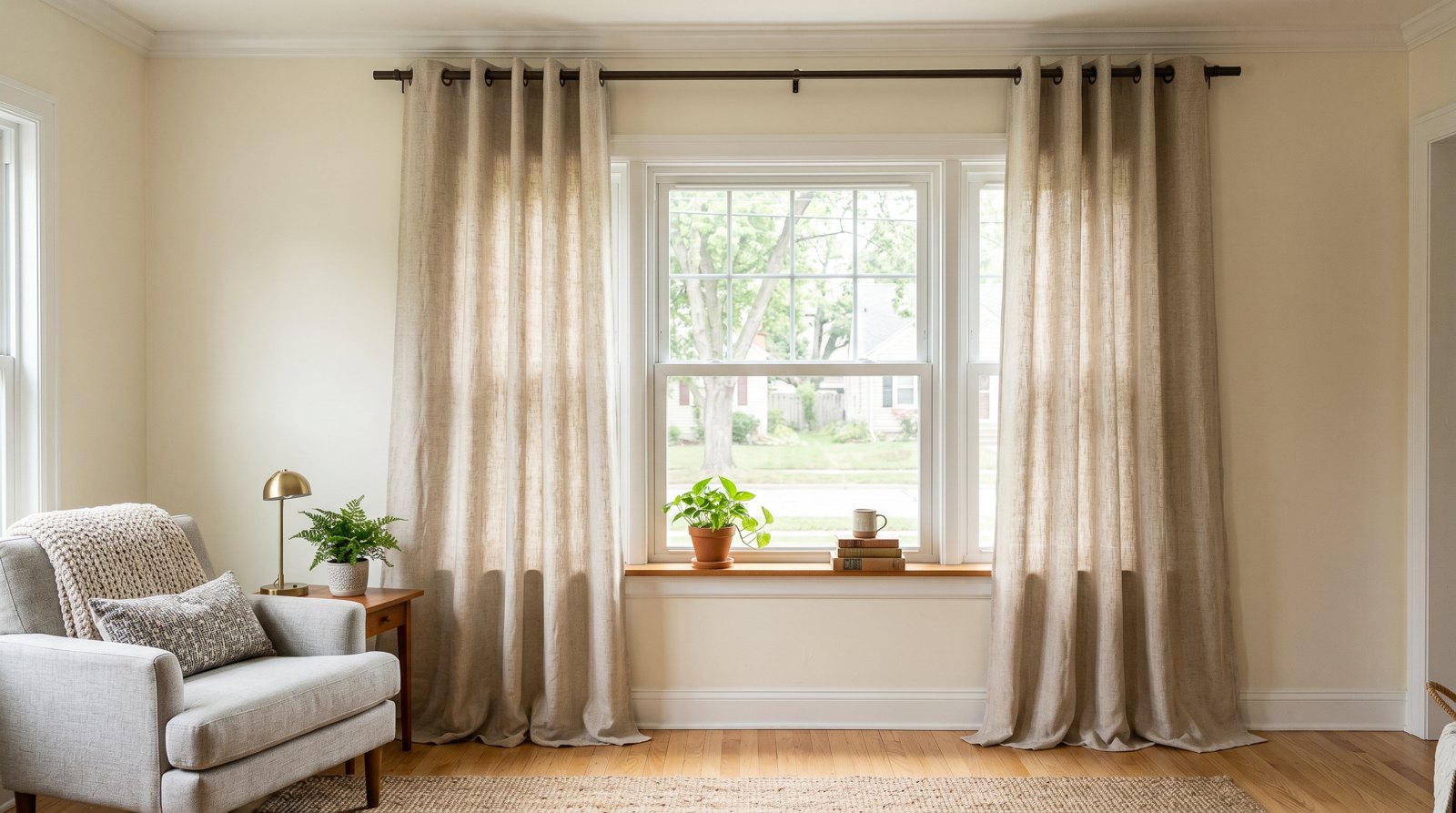 living room curtains hung high and wide with full-length panels near the floor