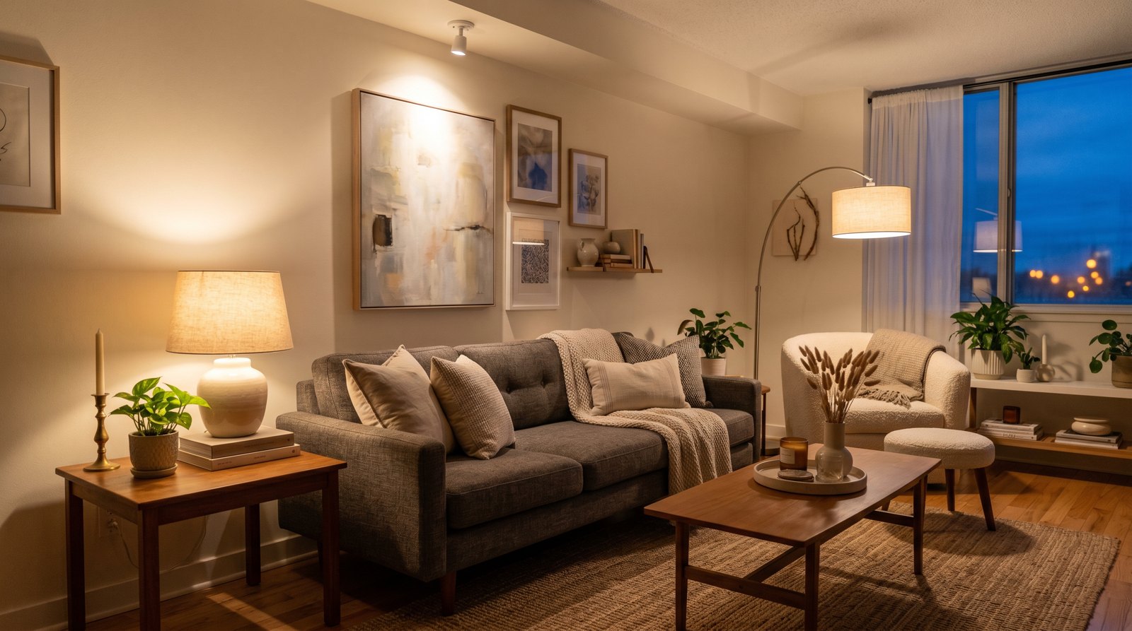 living room at night with warm layered lighting from table lamps, floor lamps, and accent lighting