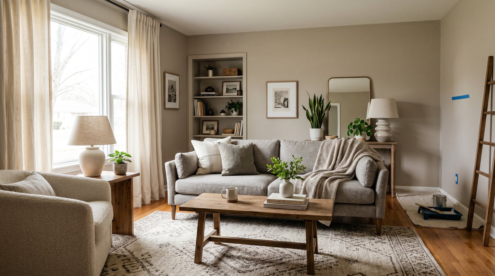 finished living room showing a correctly sized rug, layered lighting, full-length curtains, and balanced decor