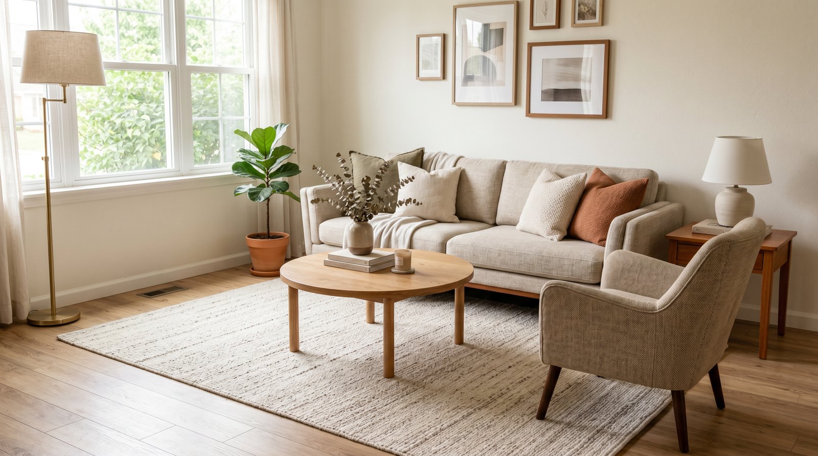 living room seating area with sofa and chairs placed with their front legs on a properly sized area rug