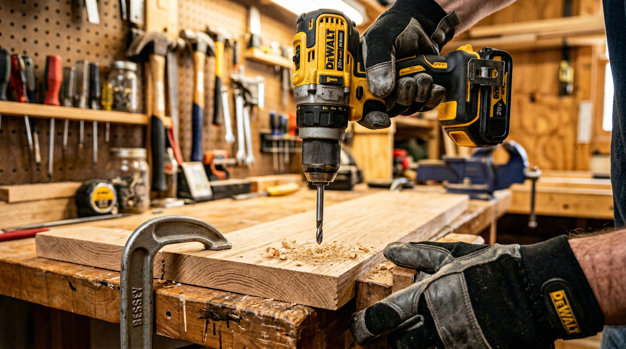 Close-up action shot of a cordless drill driving a screw into hardwood on a workbench with wood shavings