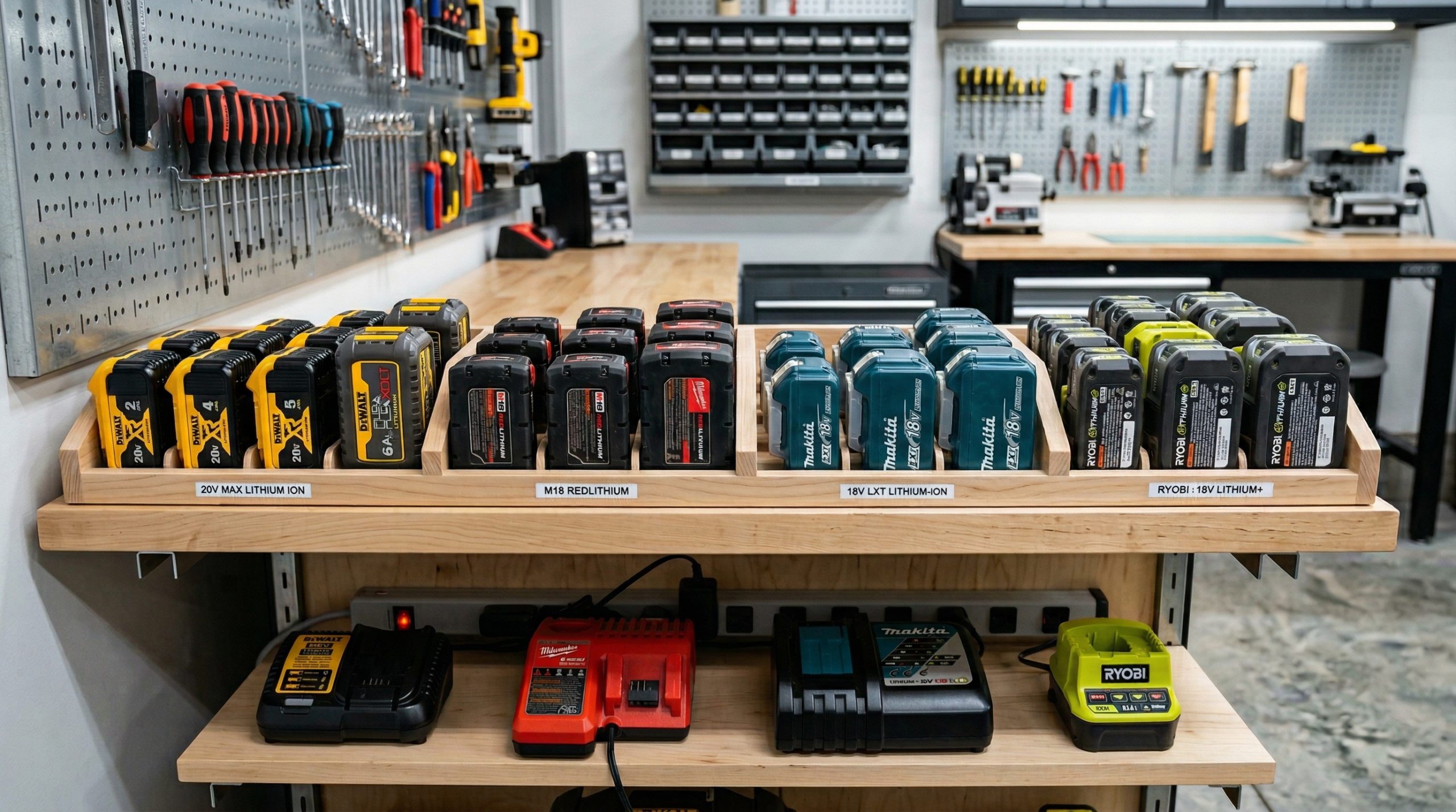 Organized collection of cordless tool batteries from DeWalt, Milwaukee, Makita, and Ryobi with matching chargers
