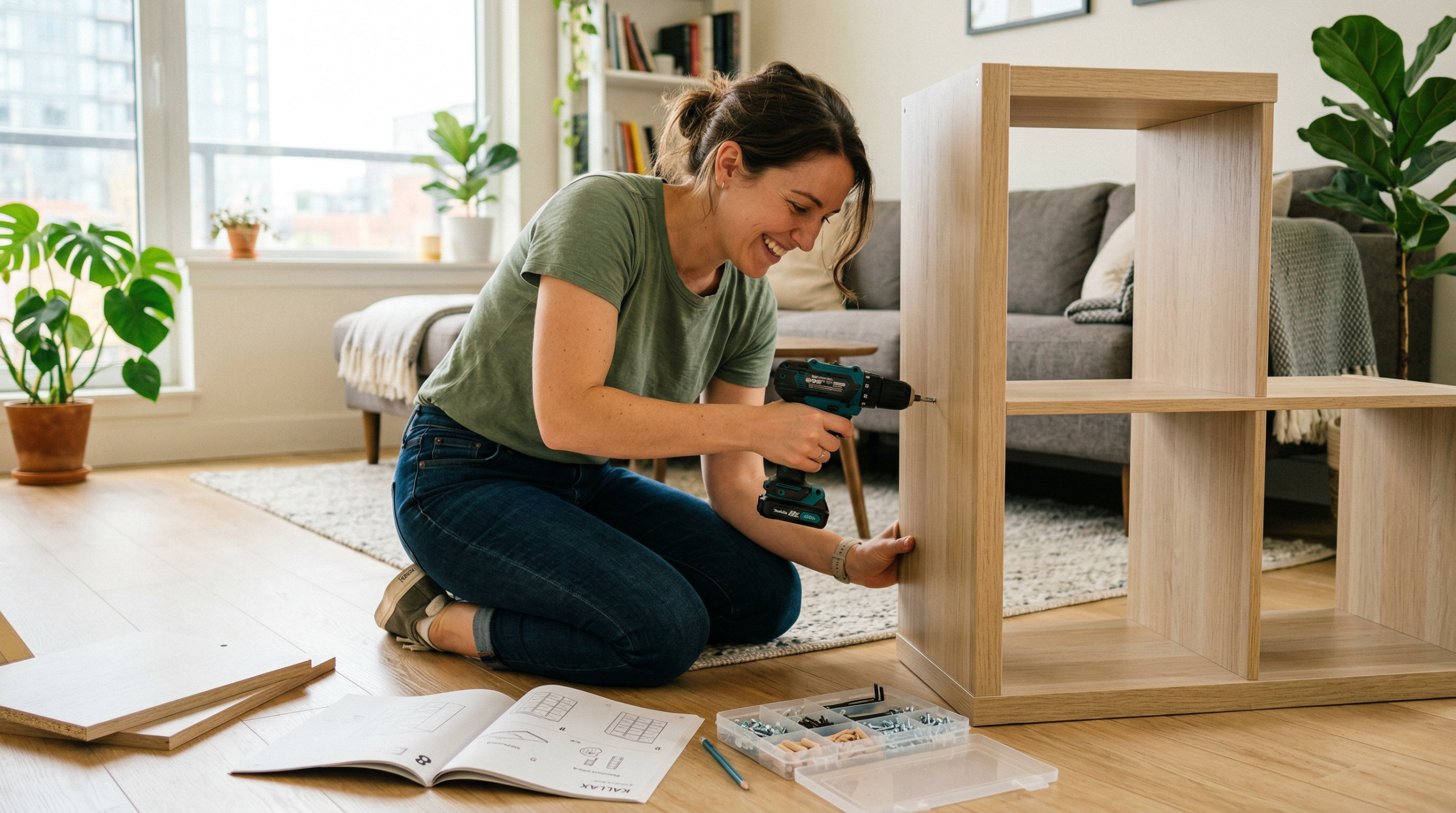 Woman using a compact cordless drill to assemble furniture in a modern apartment living room
