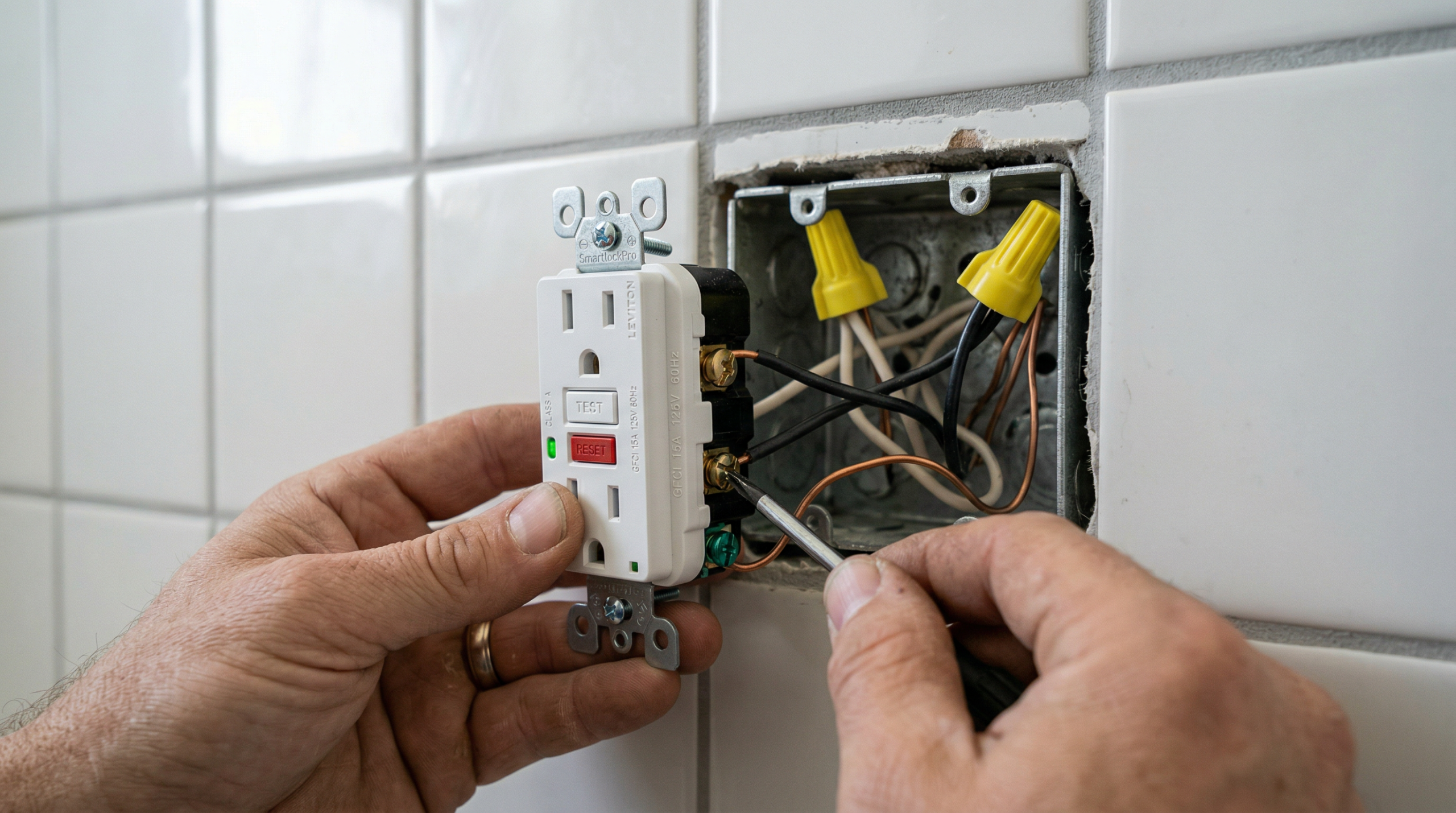 Close-up of hands installing a GFCI electrical outlet with test and reset buttons into a bathroom wall box