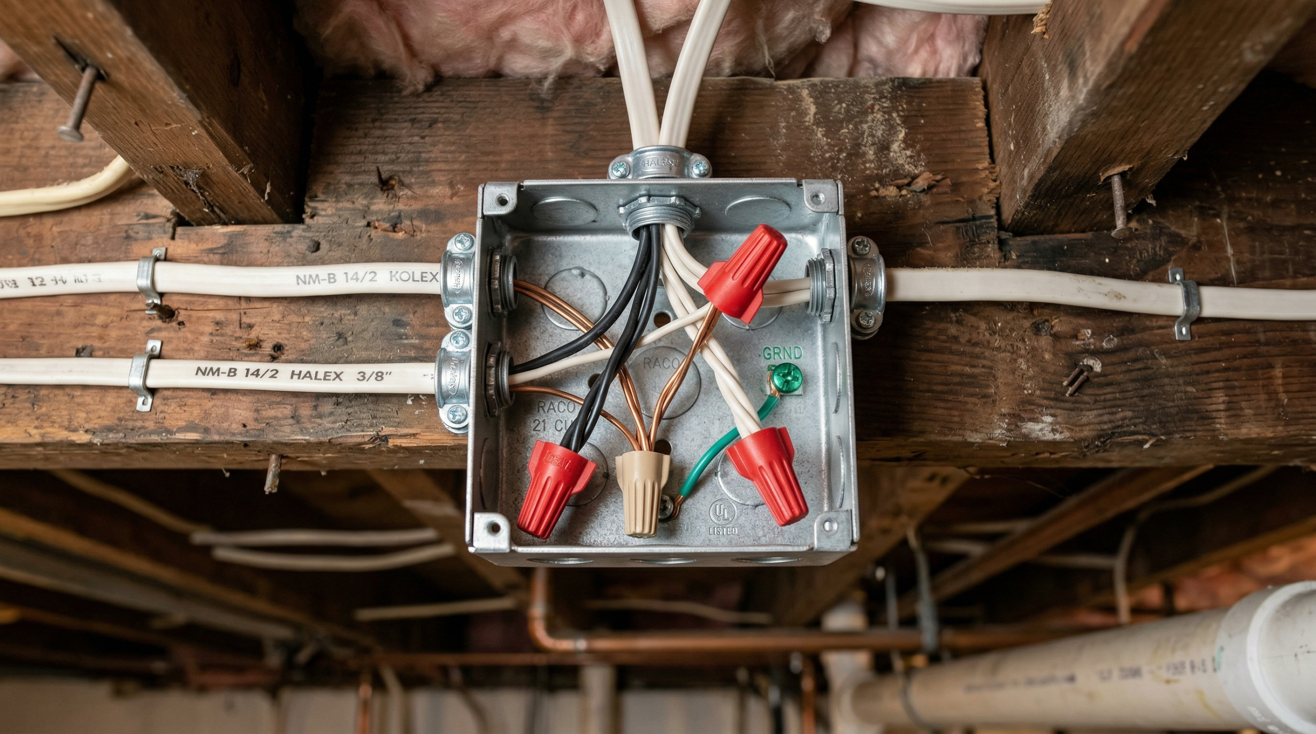 Properly wired metal electrical junction box mounted on a basement ceiling joist with neat wire nut connections