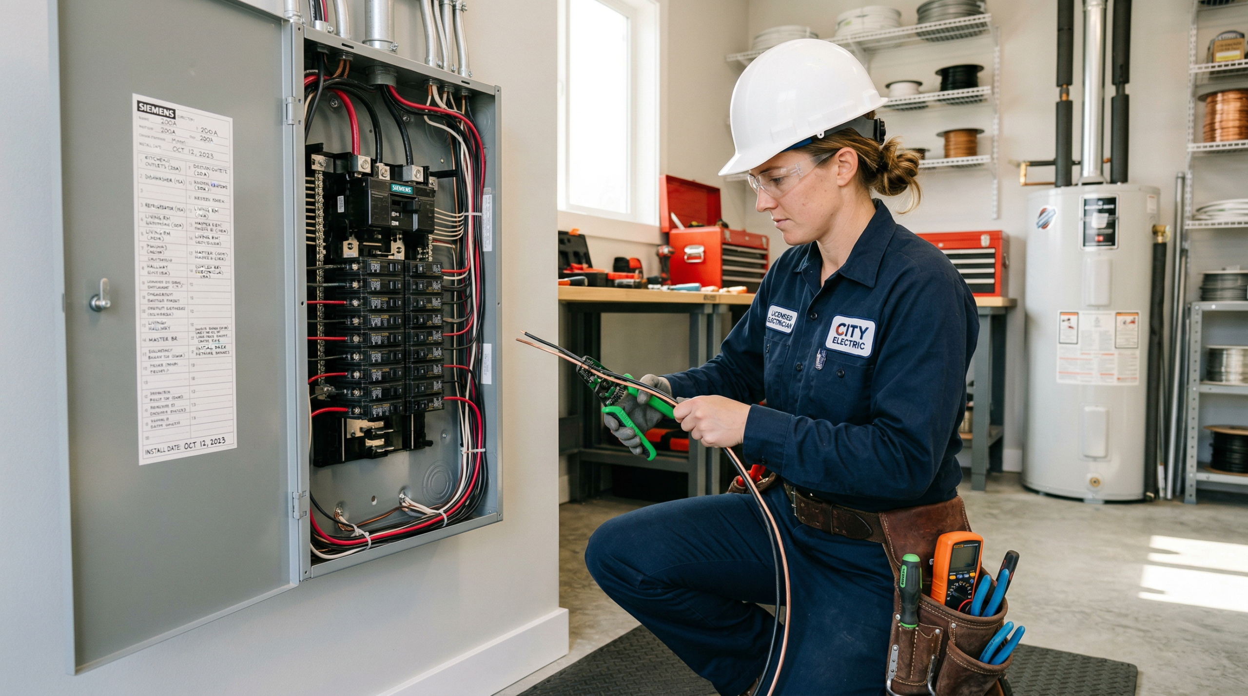 Licensed electrician in uniform working on a residential breaker panel installation in a utility room