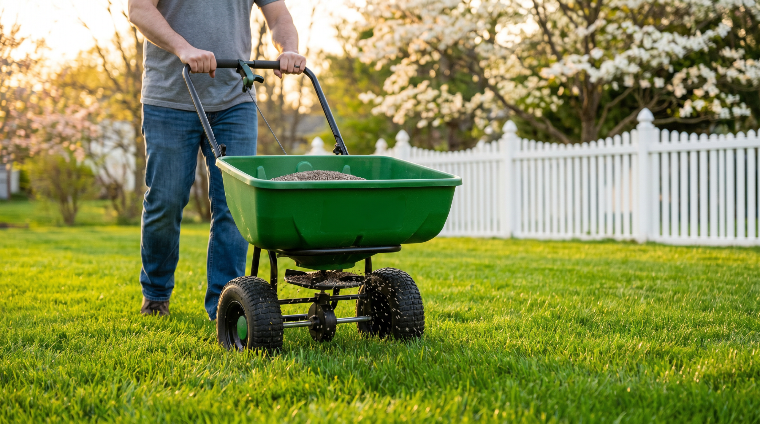 Homeowner spreading pre-emergent with a broadcast spreader during early spring weed prevention on a green lawn