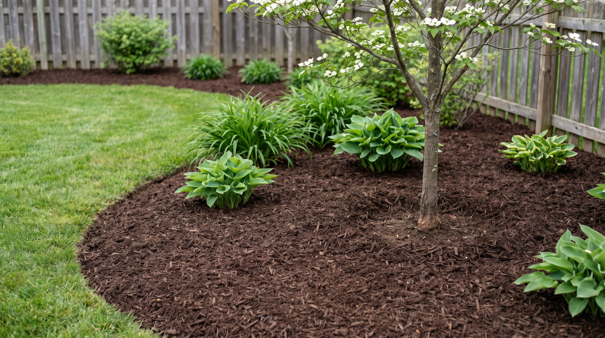 Freshly mulched garden bed with a 2 to 3 inch layer of shredded hardwood mulch around perennials and a dogwood tree