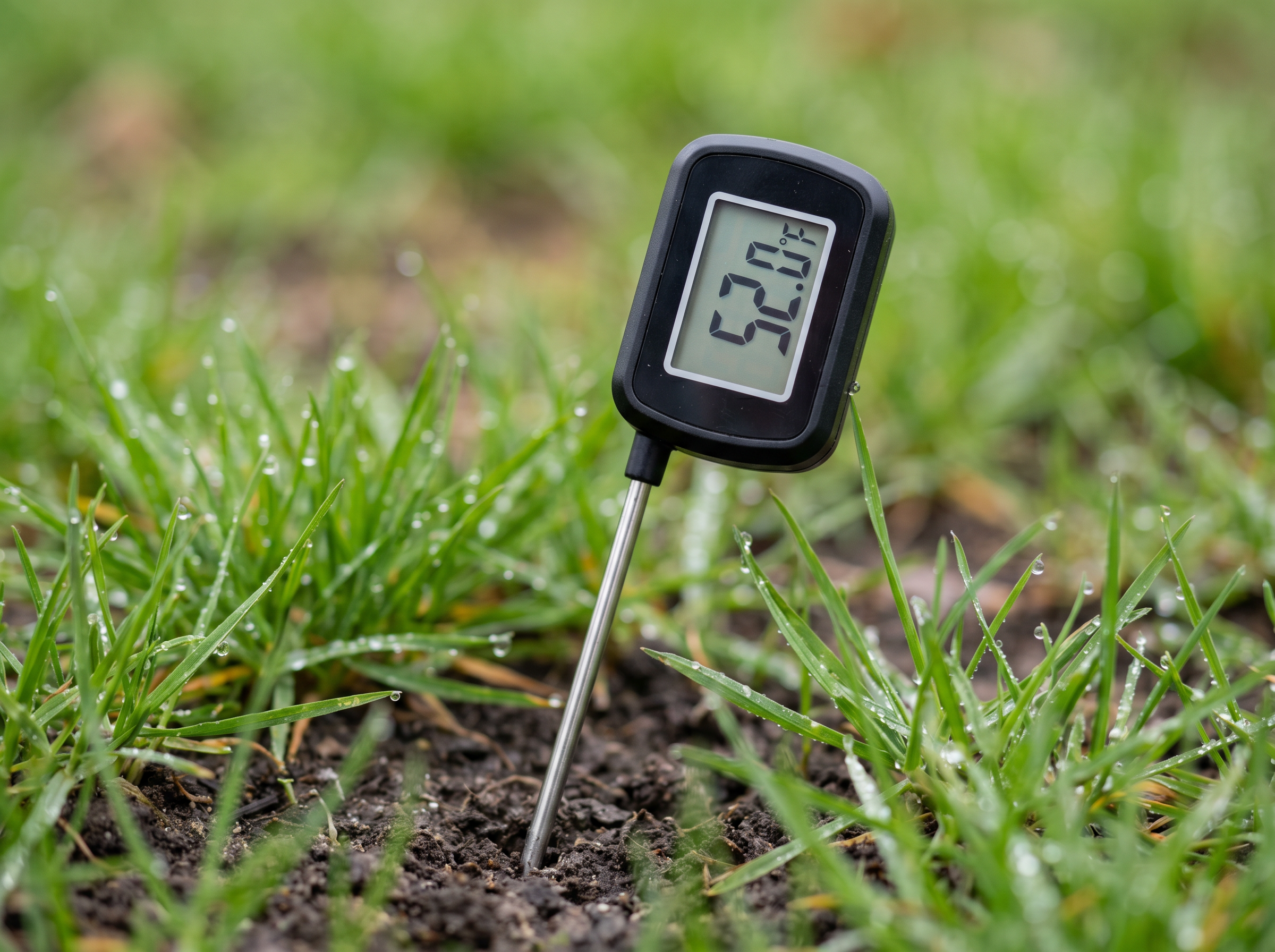 Digital soil thermometer reading 52 degrees Fahrenheit in spring turfgrass for early spring weed prevention timing