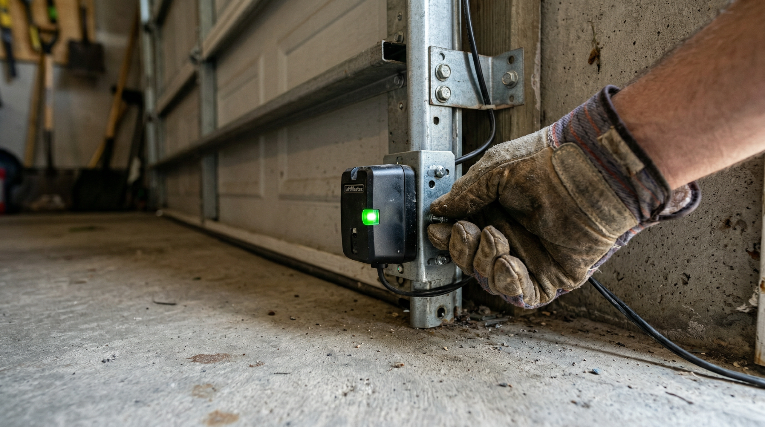 Garage door safety sensor with LED indicator showing alignment status