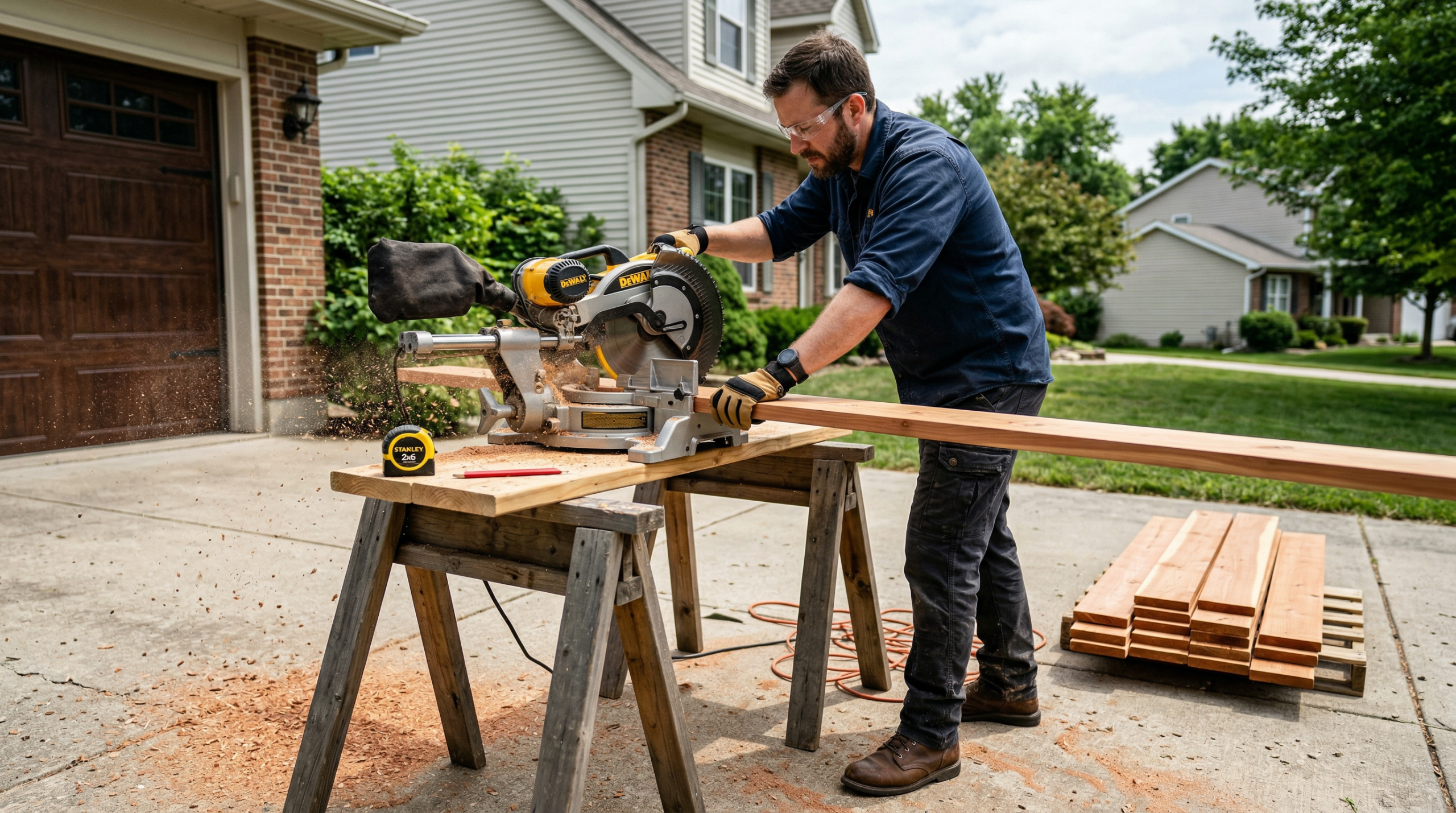 Man using a miter saw to cut cedar lumber for a raised garden bed project in a driveway