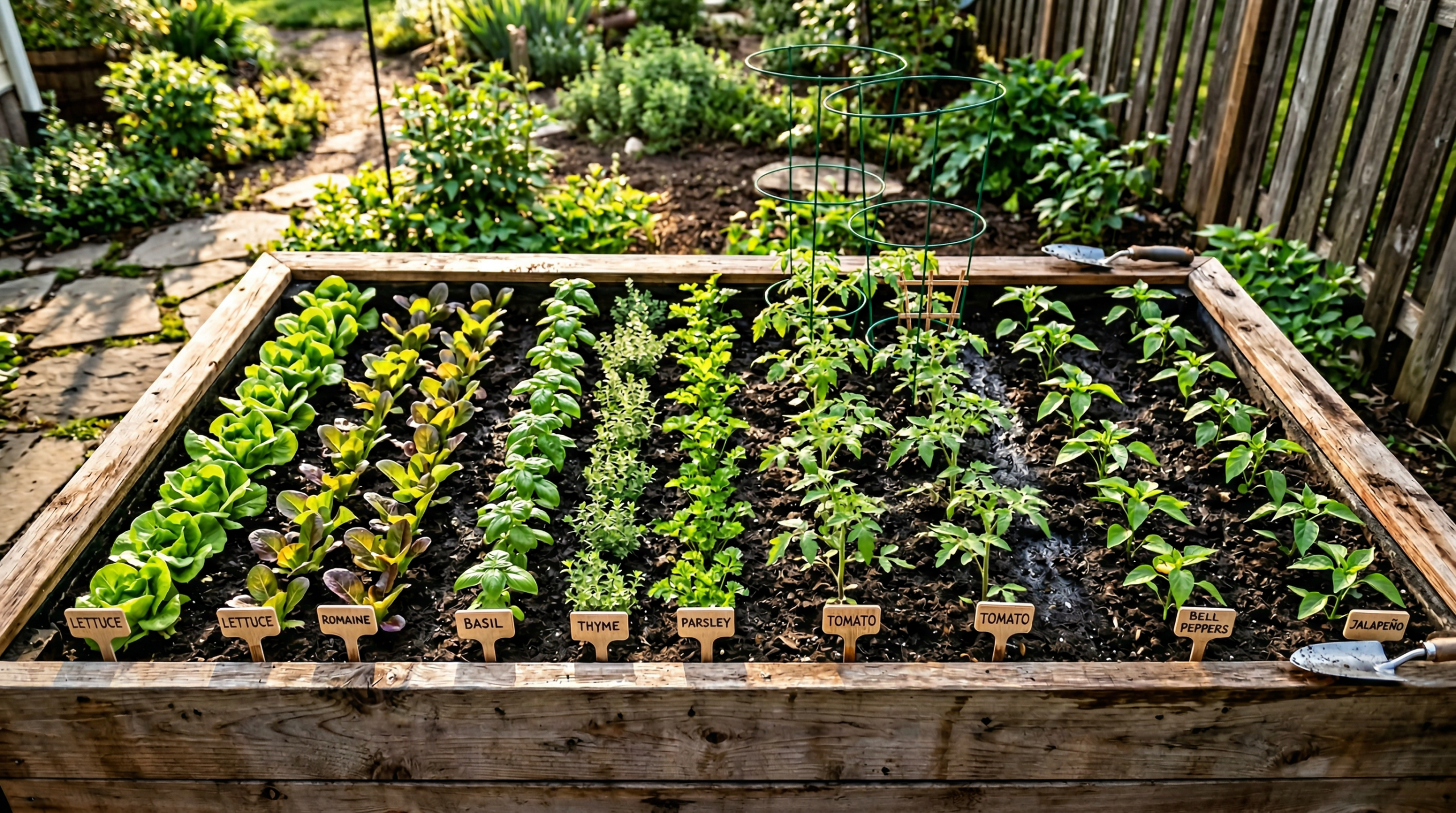 Overhead view of a cedar raised garden bed with neatly planted rows of vegetables and herbs with garden markers