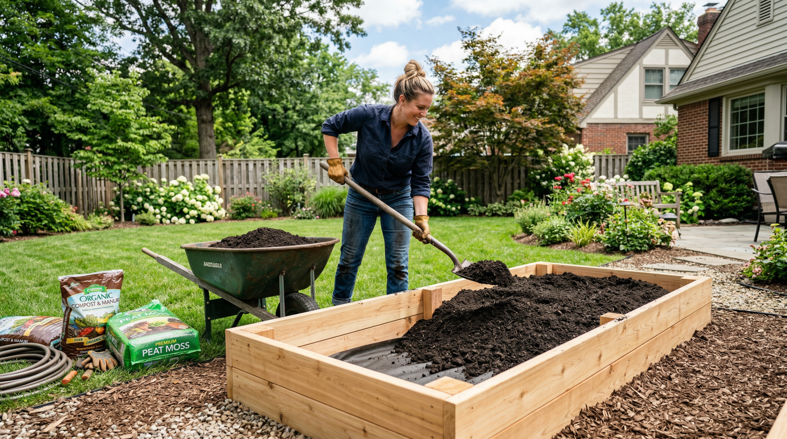 Woman filling a newly built cedar raised garden bed with dark rich soil mix from a wheelbarrow
