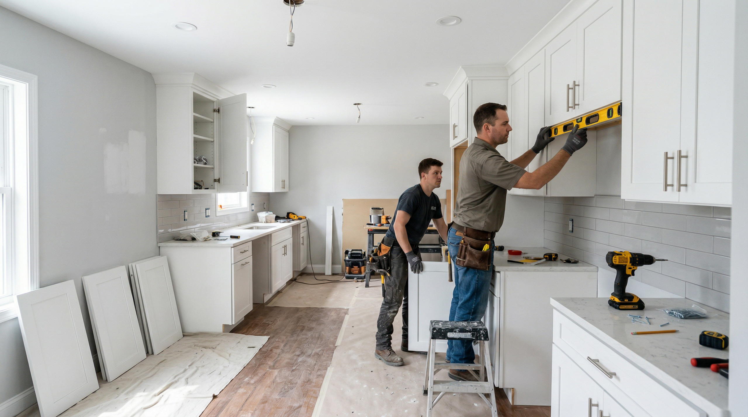 Two workers installing white shaker kitchen cabinets using a level to check alignment during renovation