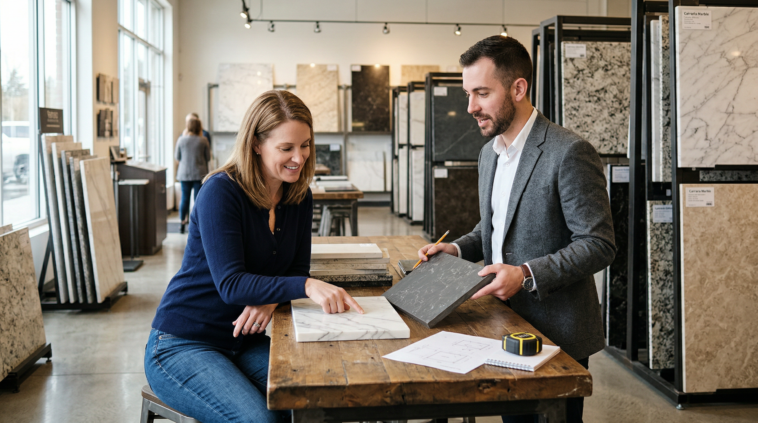 Homeowner and designer reviewing countertop material samples at a kitchen showroom with stone slabs on display