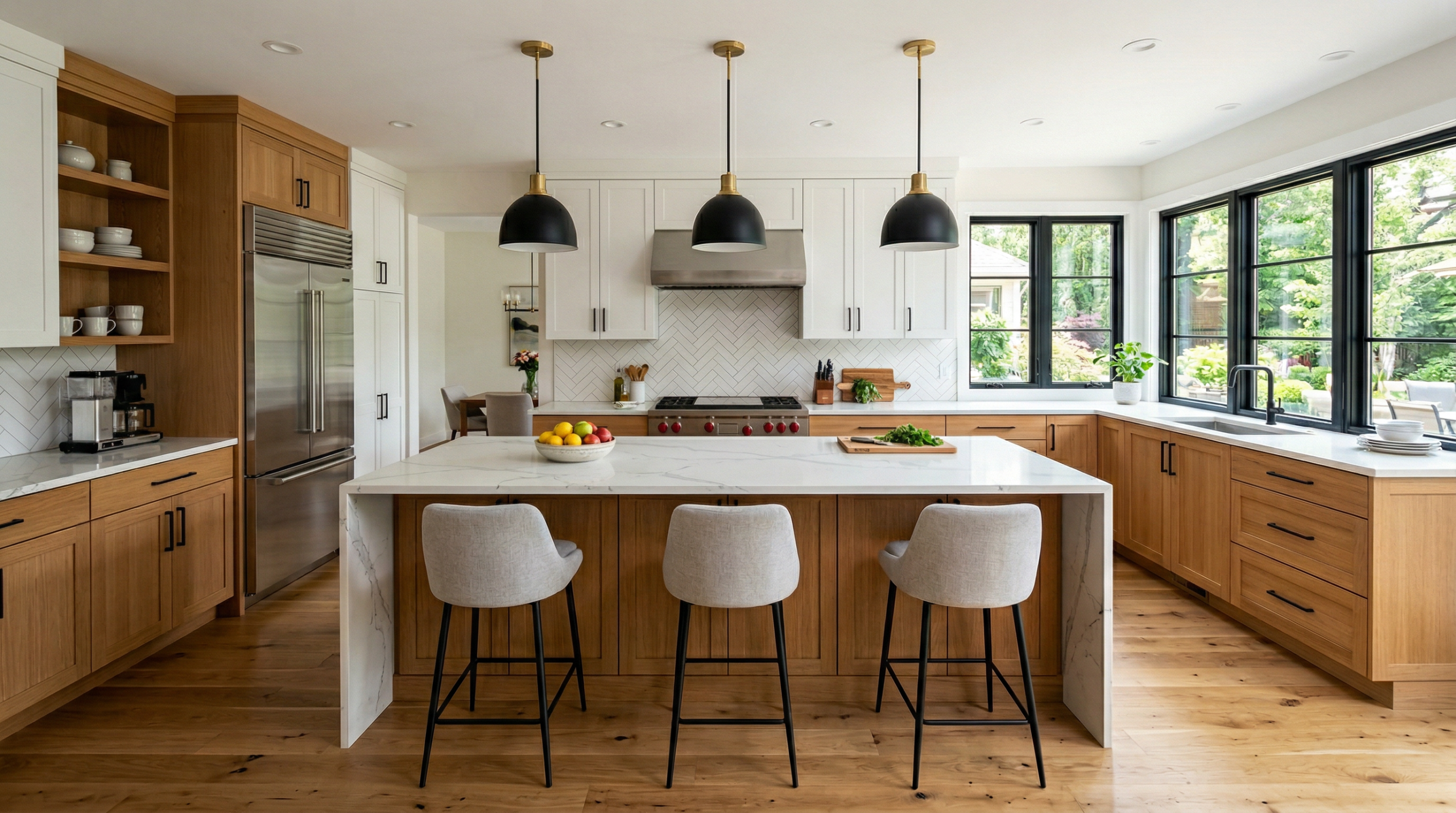 Stunning completed upscale kitchen renovation with waterfall quartz island, pendant lights, and warm wood cabinets