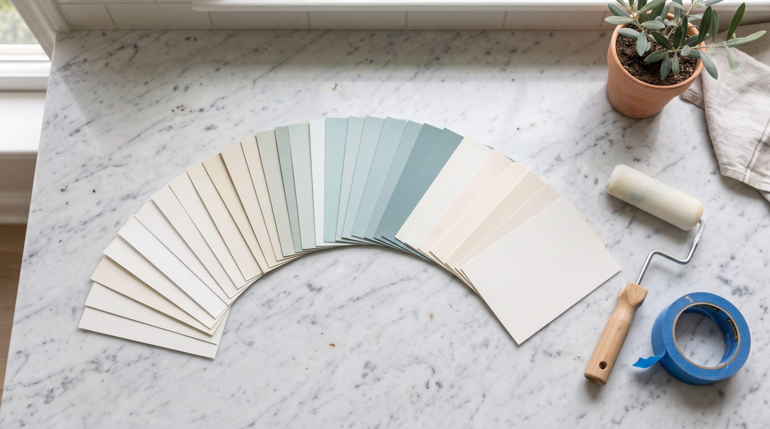 Overhead view of paint color sample cards in whites blues and greens on a marble kitchen counter with a roller and painters tape