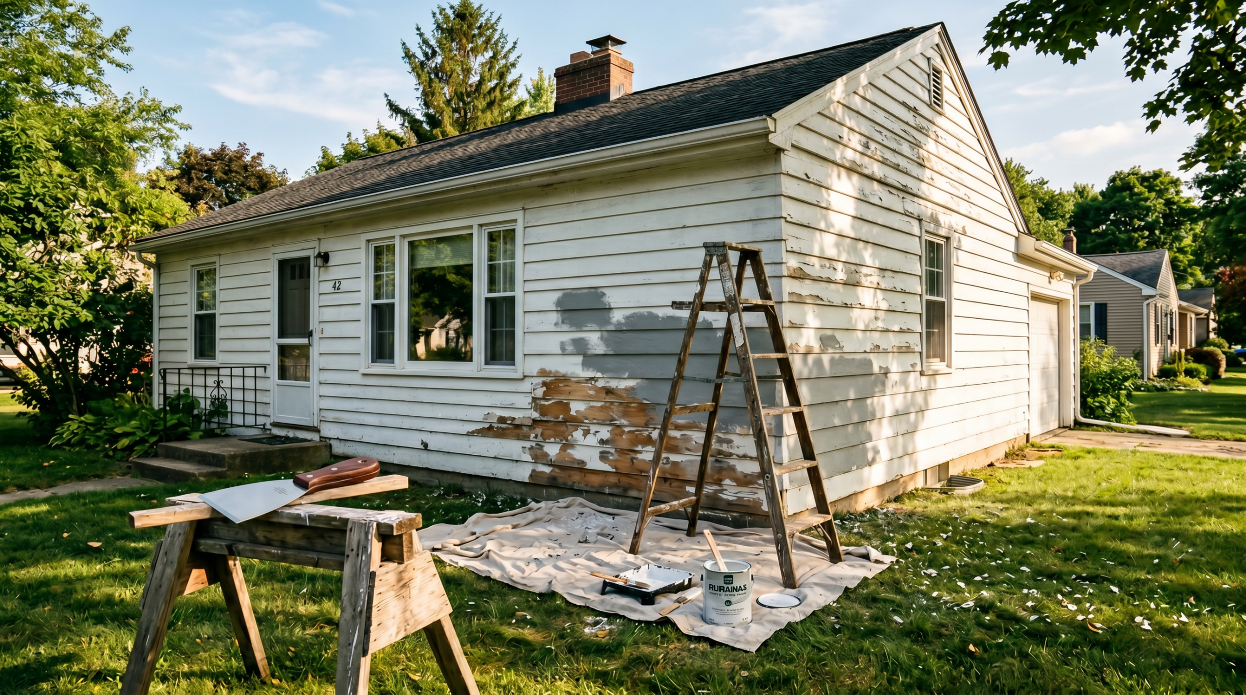 1950s home exterior with south facing clapboard siding mid-repair showing scraped primed gray patches under peeling white paint ladder scraper and paint can on drop cloth