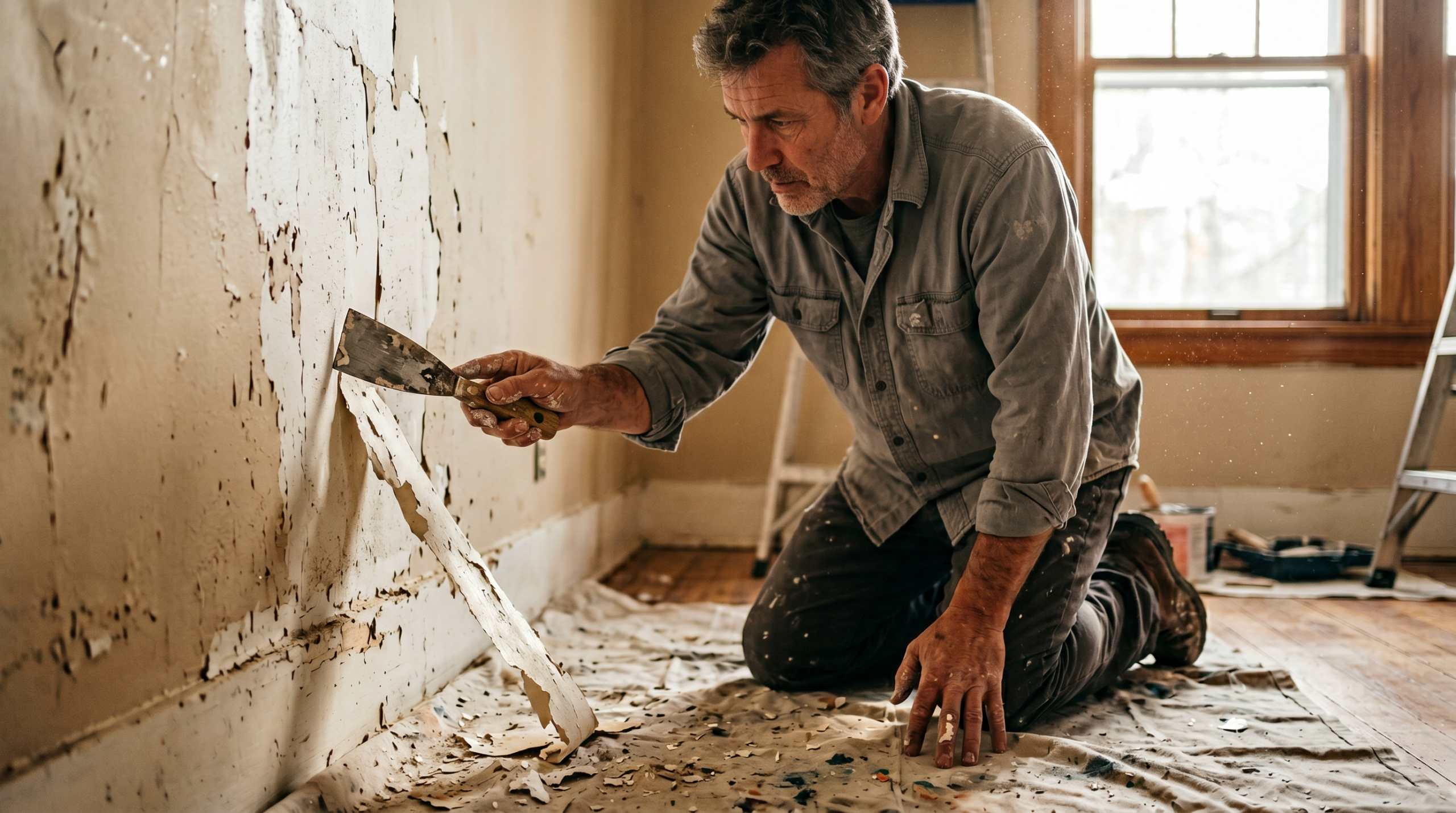 Man scraping peeling paint off interior wall with a putty knife at 30 degree angle on drop cloth